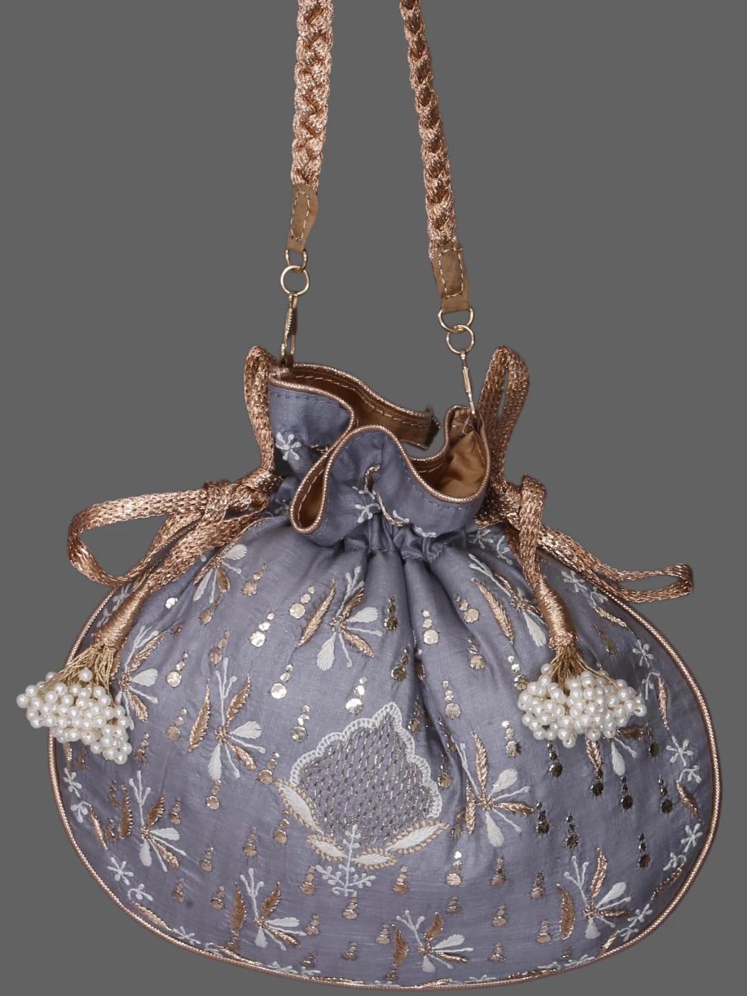 Ada Hand Embroidered Grey Silk Lucknowi Chikankari Potli Bag With Muqaish Work 01A378246