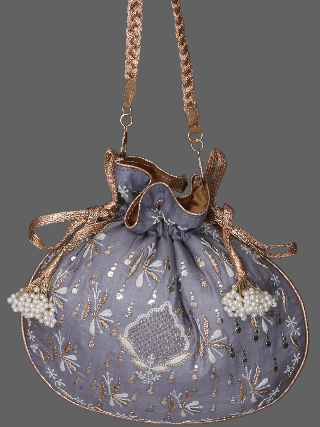 Ada Hand Embroidered Grey Silk Lucknowi Chikankari Potli Bag With Muqaish Work 01A378246