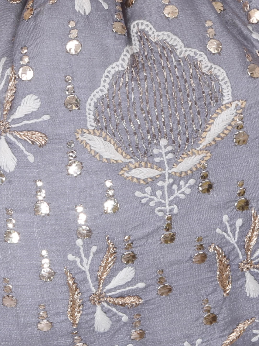 Ada Hand Embroidered Grey Silk Lucknowi Chikankari Potli Bag With Muqaish Work 01A378246