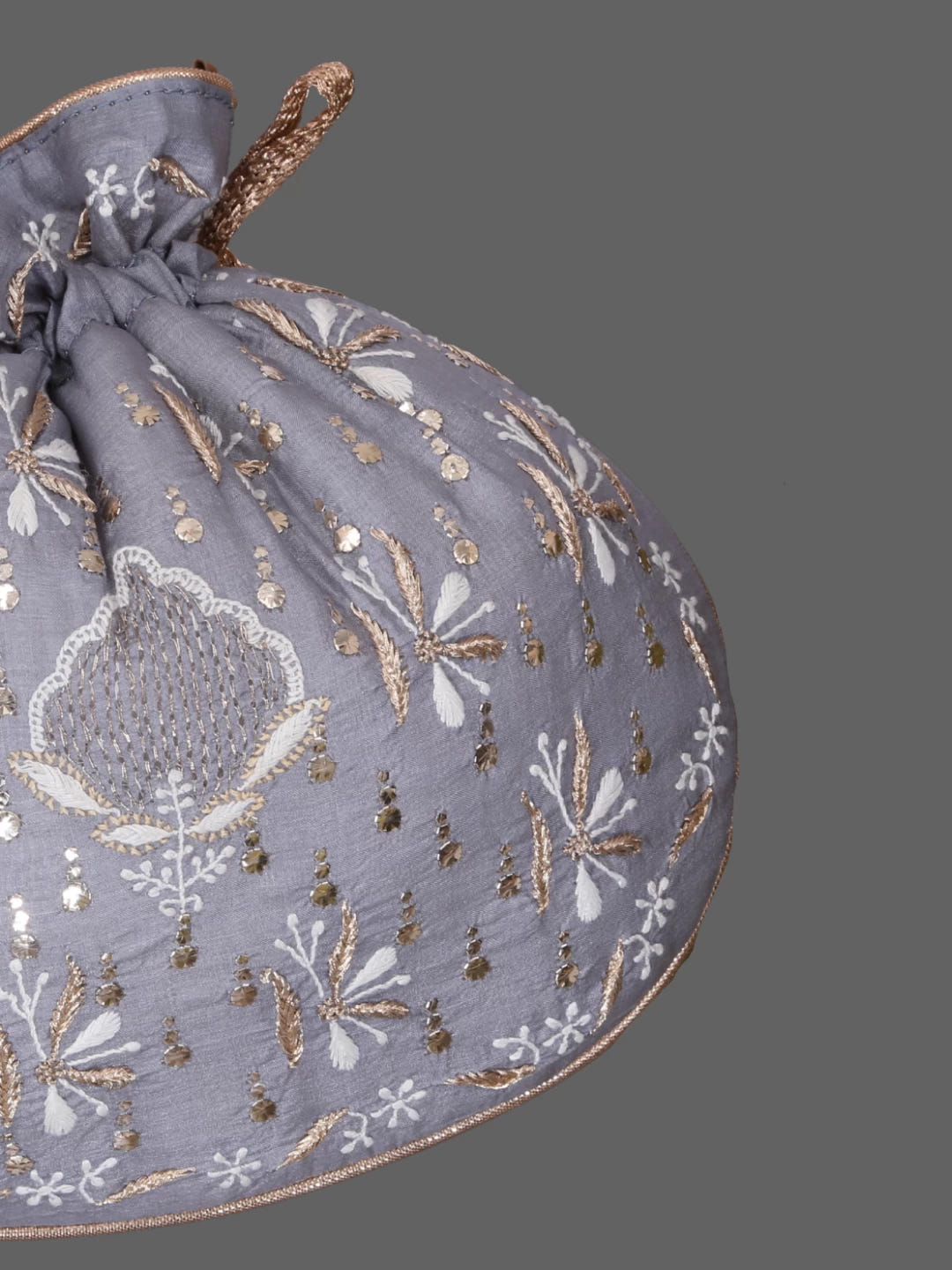 Ada Hand Embroidered Grey Silk Lucknowi Chikankari Potli Bag With Muqaish Work 01A378246