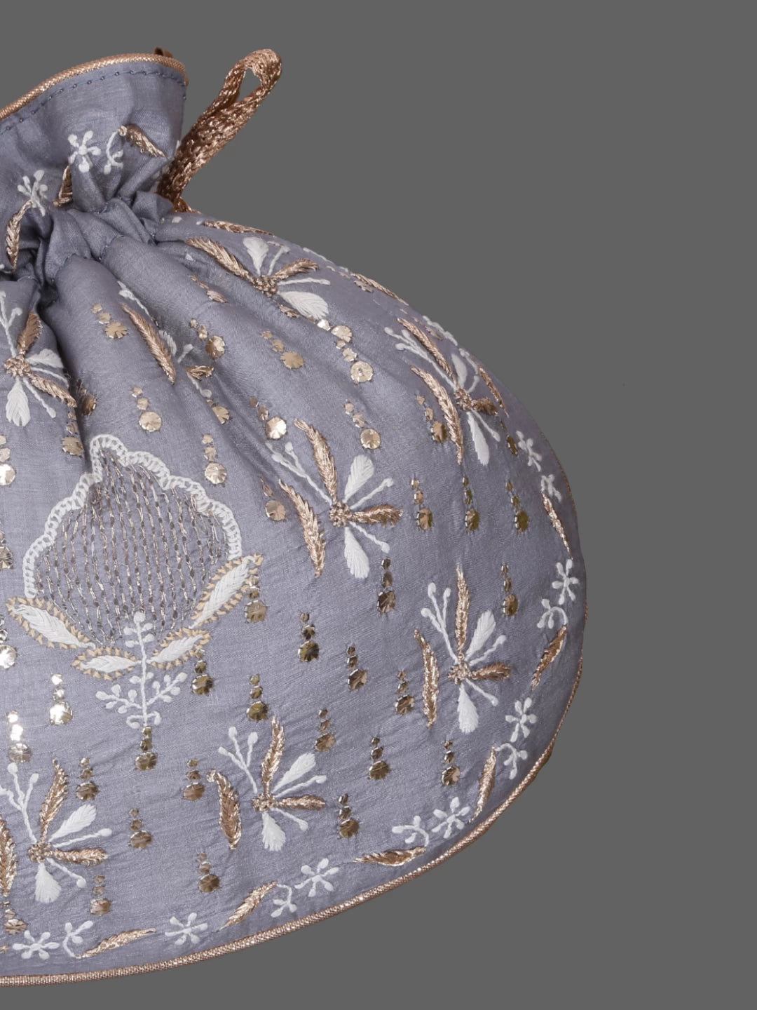 Ada Hand Embroidered Grey Silk Lucknowi Chikankari Potli Bag With Muqaish Work 01A378246