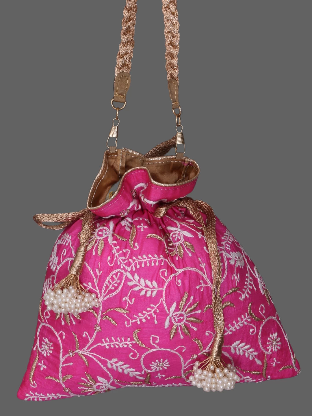 Ada Hand Embroidered Magenta Silk Lucknowi Chikankari Potli Bag With Zari Work 01A378194