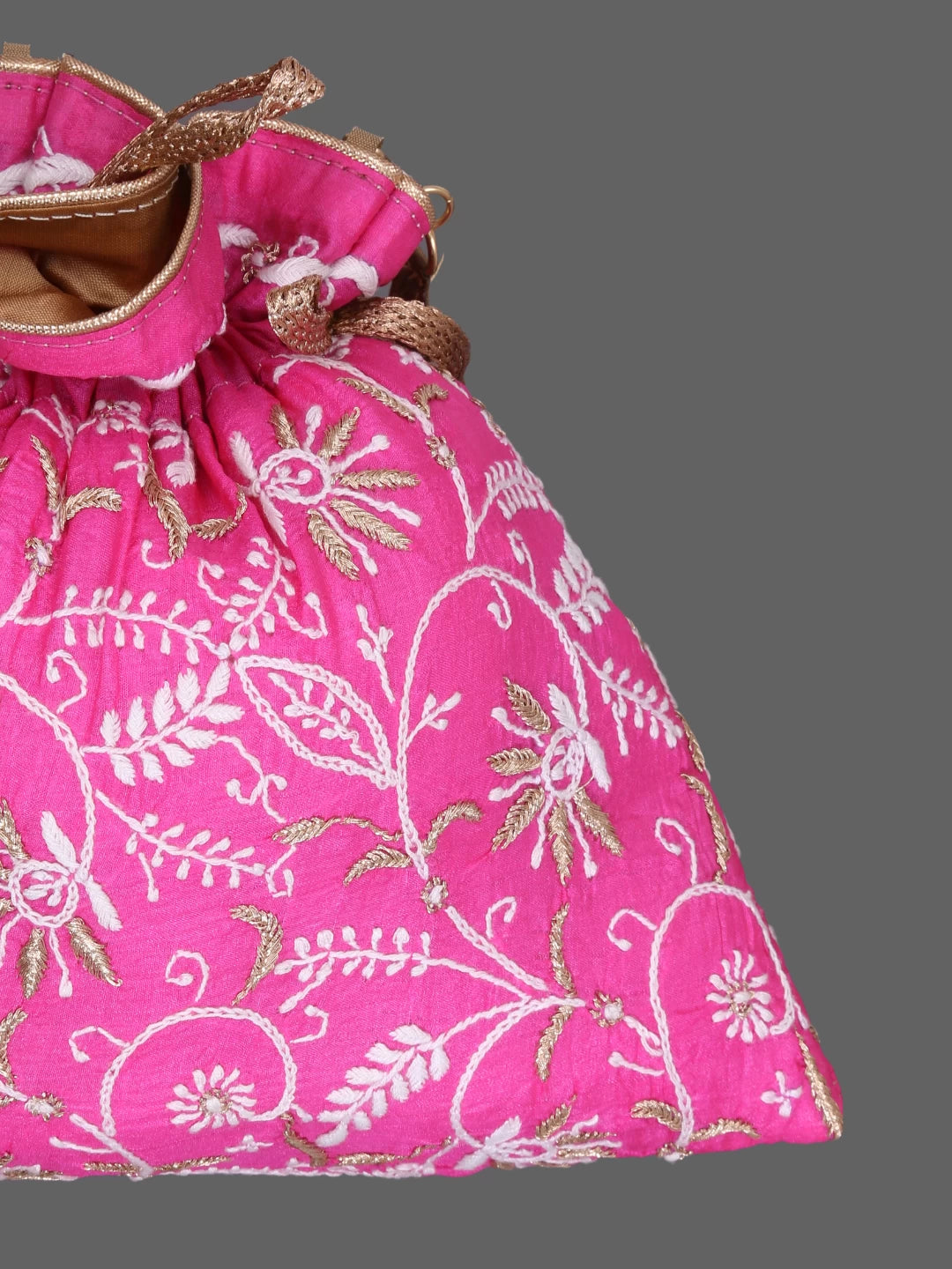 Ada Hand Embroidered Magenta Silk Lucknowi Chikankari Potli Bag With Zari Work 01A378194