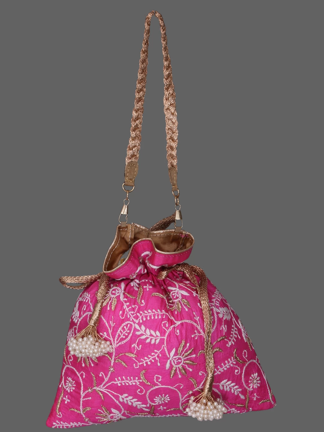 Ada Hand Embroidered Magenta Silk Lucknowi Chikankari Potli Bag With Zari Work 01A378194