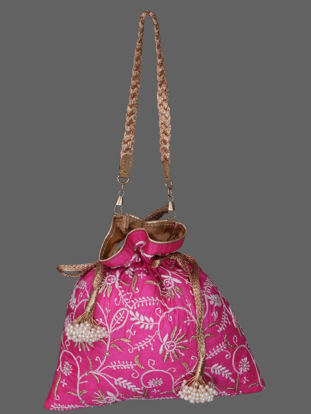 Ada Hand Embroidered Magenta Silk Lucknowi Chikankari Potli Bag With Zari Work 01A378194