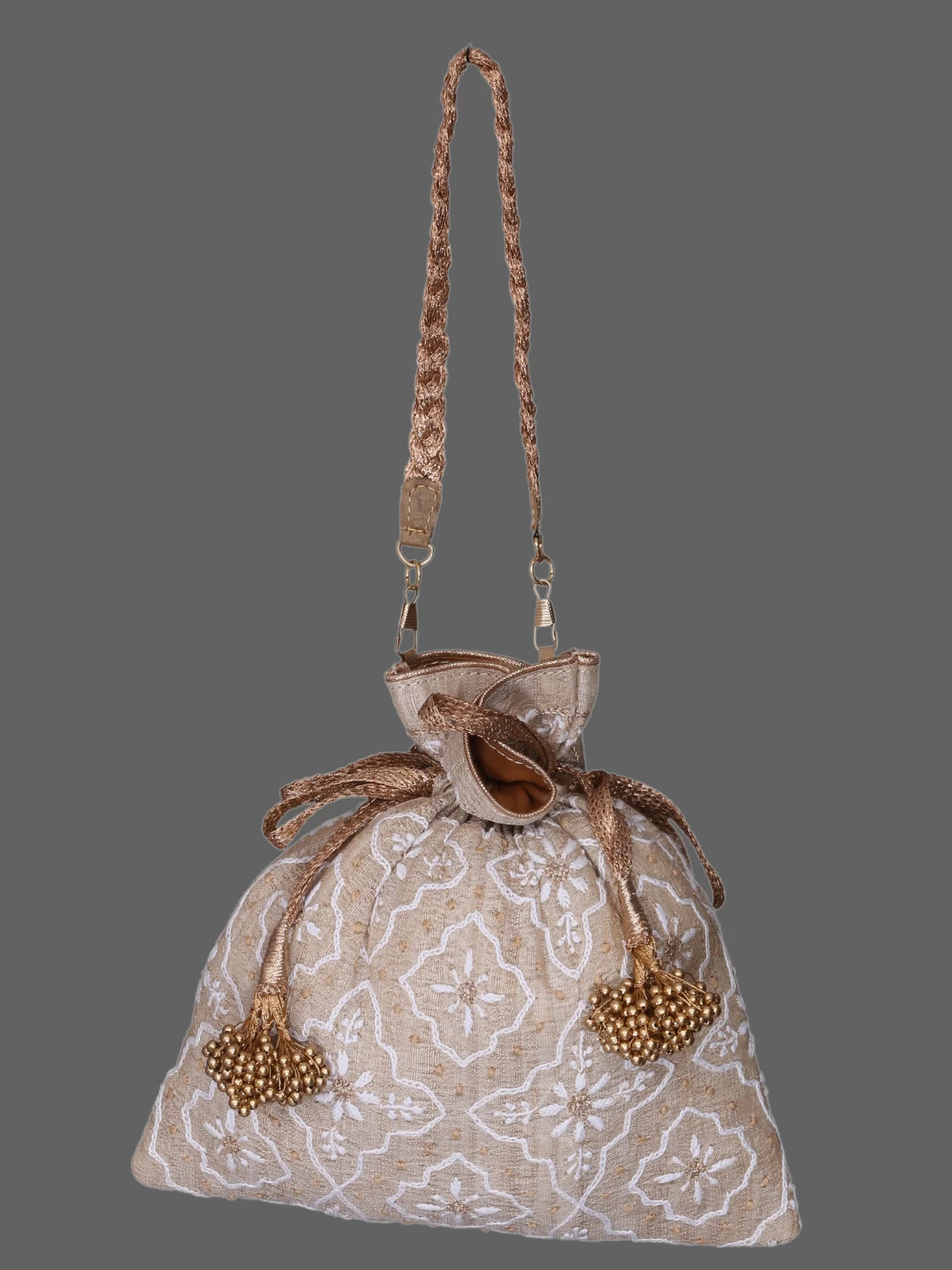 Ada Hand Embroidered Light Fawn Ghicha Slik Lucknowi Chikankari Potli Bag With Zari Work 01A378234