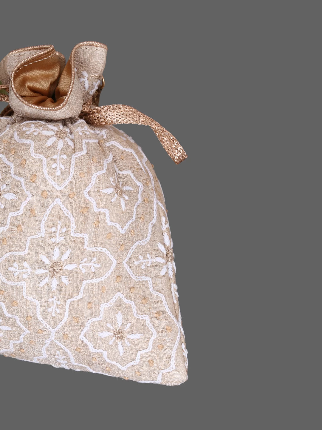Ada Hand Embroidered Light Fawn Ghicha Slik Lucknowi Chikankari Potli Bag With Zari Work 01A378234
