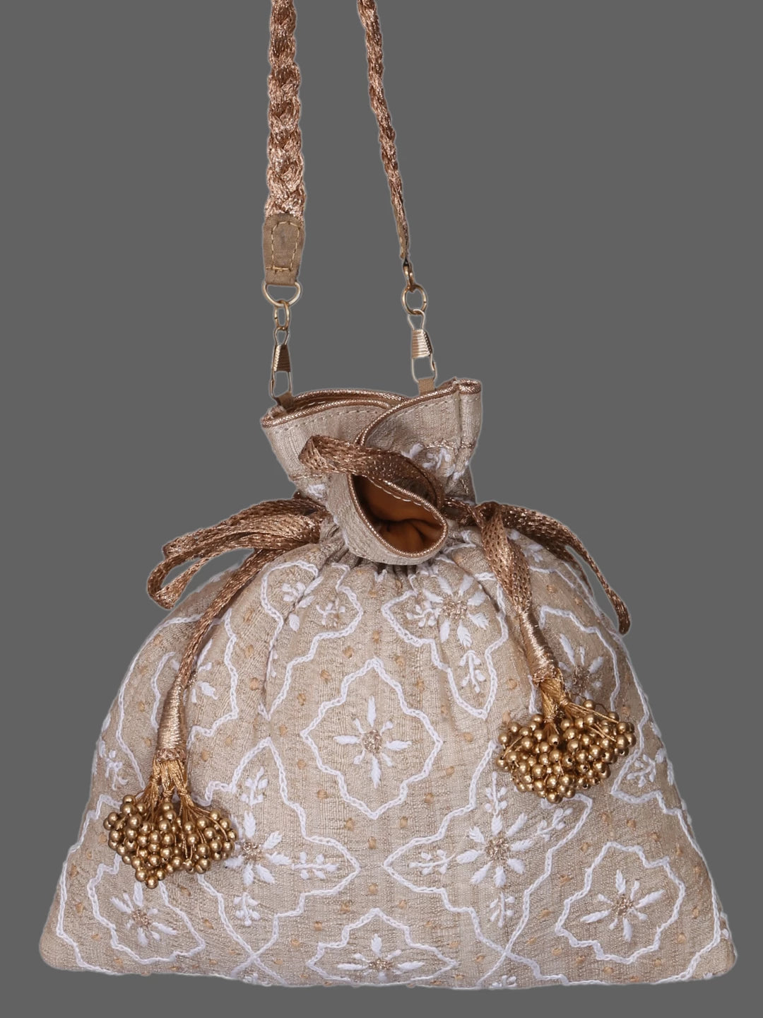 Ada Hand Embroidered Light Fawn Ghicha Slik Lucknowi Chikankari Potli Bag With Zari Work 01A378234