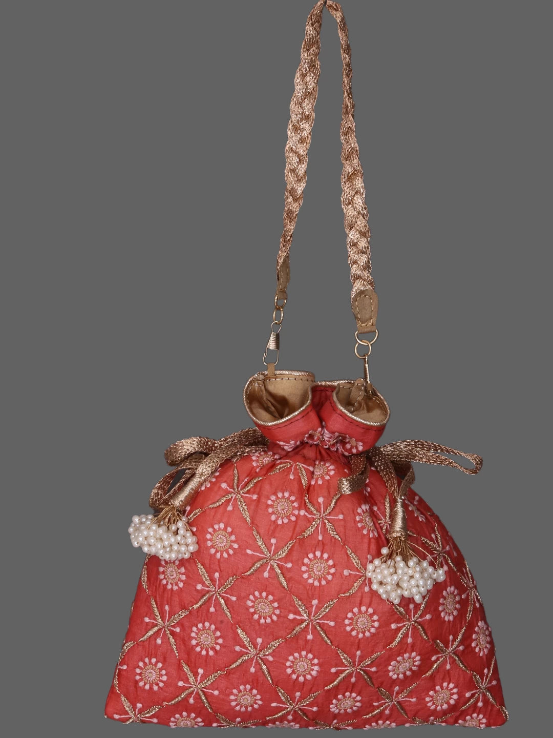Ada Hand Embroidered Rust Slik Lucknowi Chikankari Potli Bag With Zari Work 01A378237