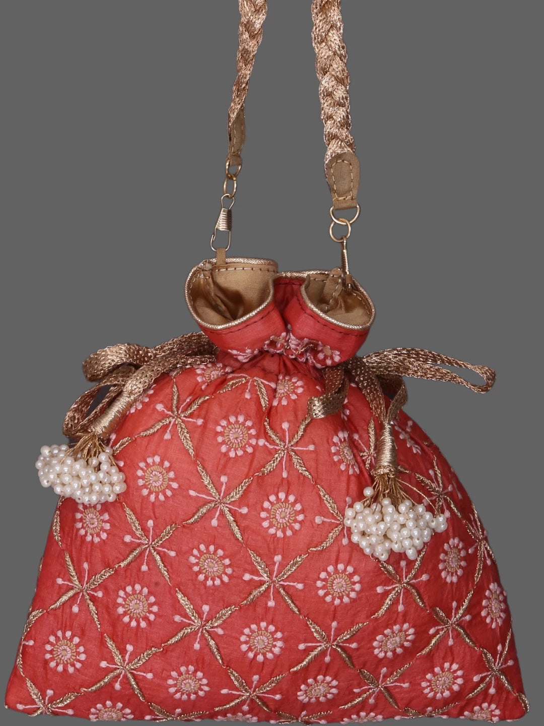 Ada Hand Embroidered Rust Slik Lucknowi Chikankari Potli Bag With Zari Work 01A378237