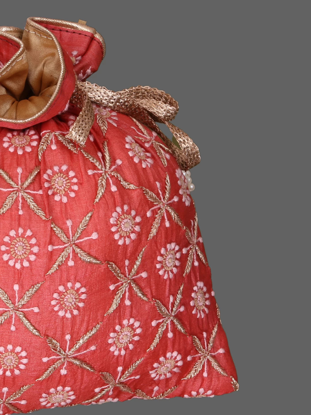 Ada Hand Embroidered Rust Slik Lucknowi Chikankari Potli Bag With Zari Work 01A378237