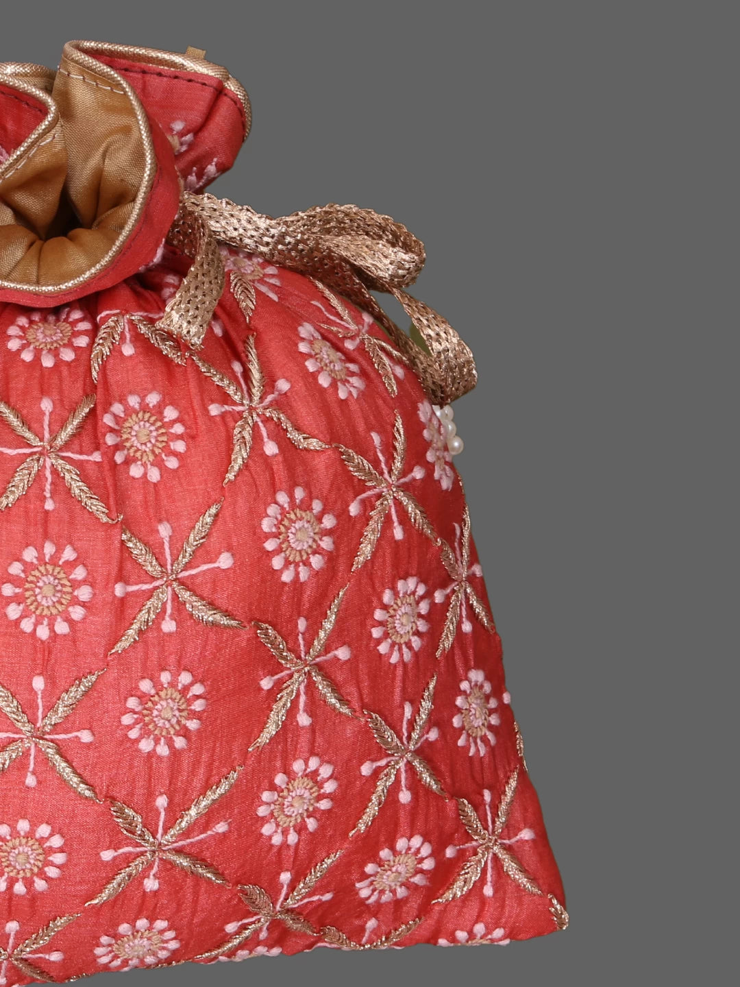 Ada Hand Embroidered Rust Slik Lucknowi Chikankari Potli Bag With Zari Work 01A378237