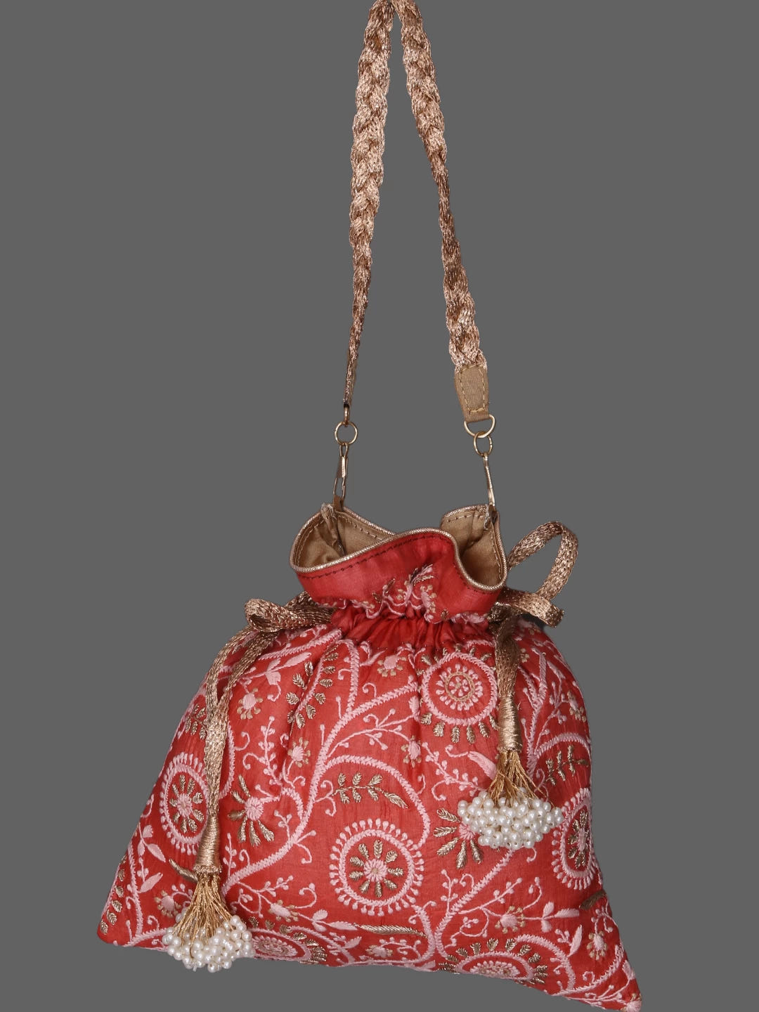 Ada Hand Embroidered Rust Silk Lucknowi Chikankari Potli With Zari Work 01A378199