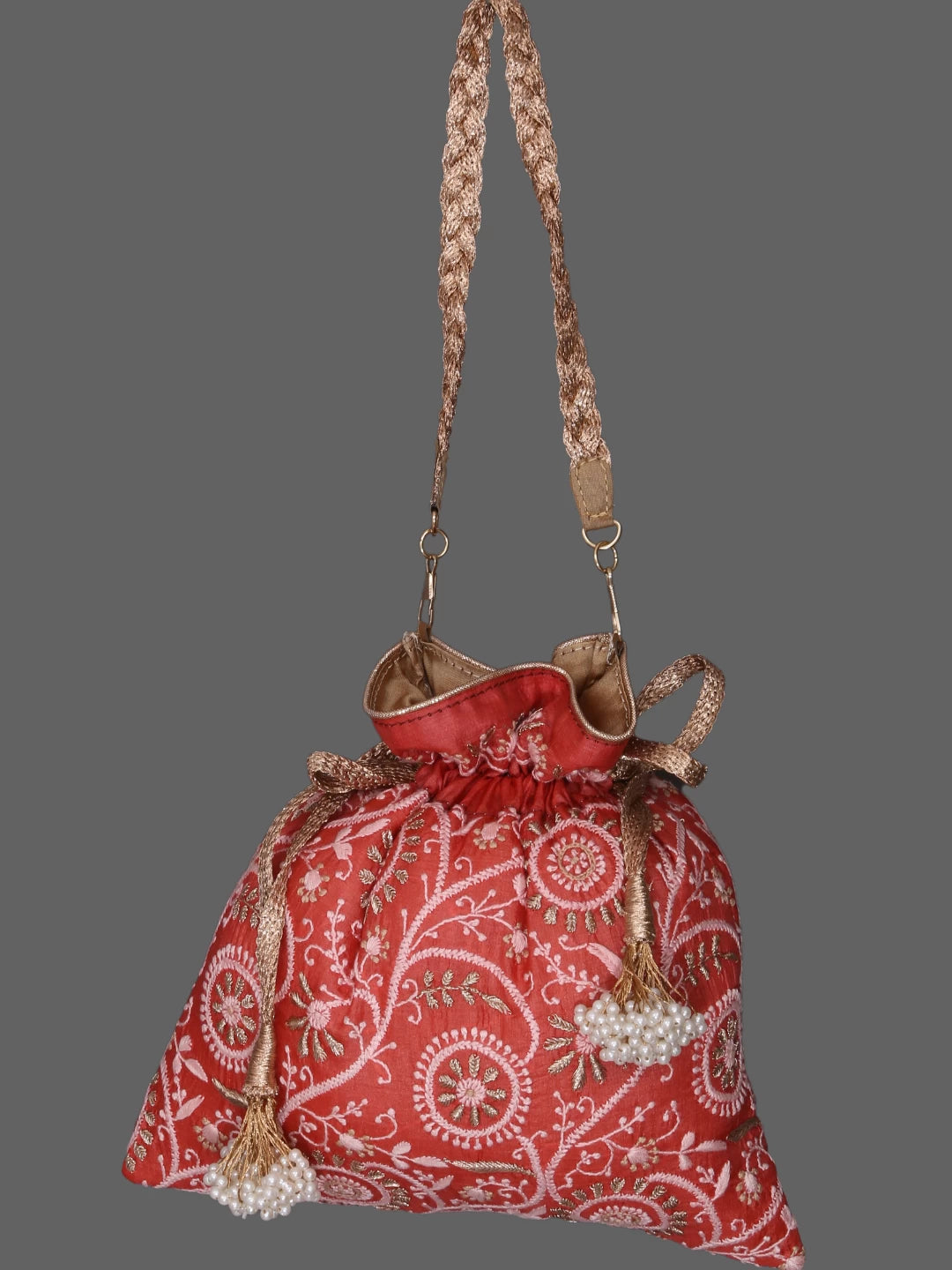 Ada Hand Embroidered Rust Silk Lucknowi Chikankari Potli With Zari Work 01A378199