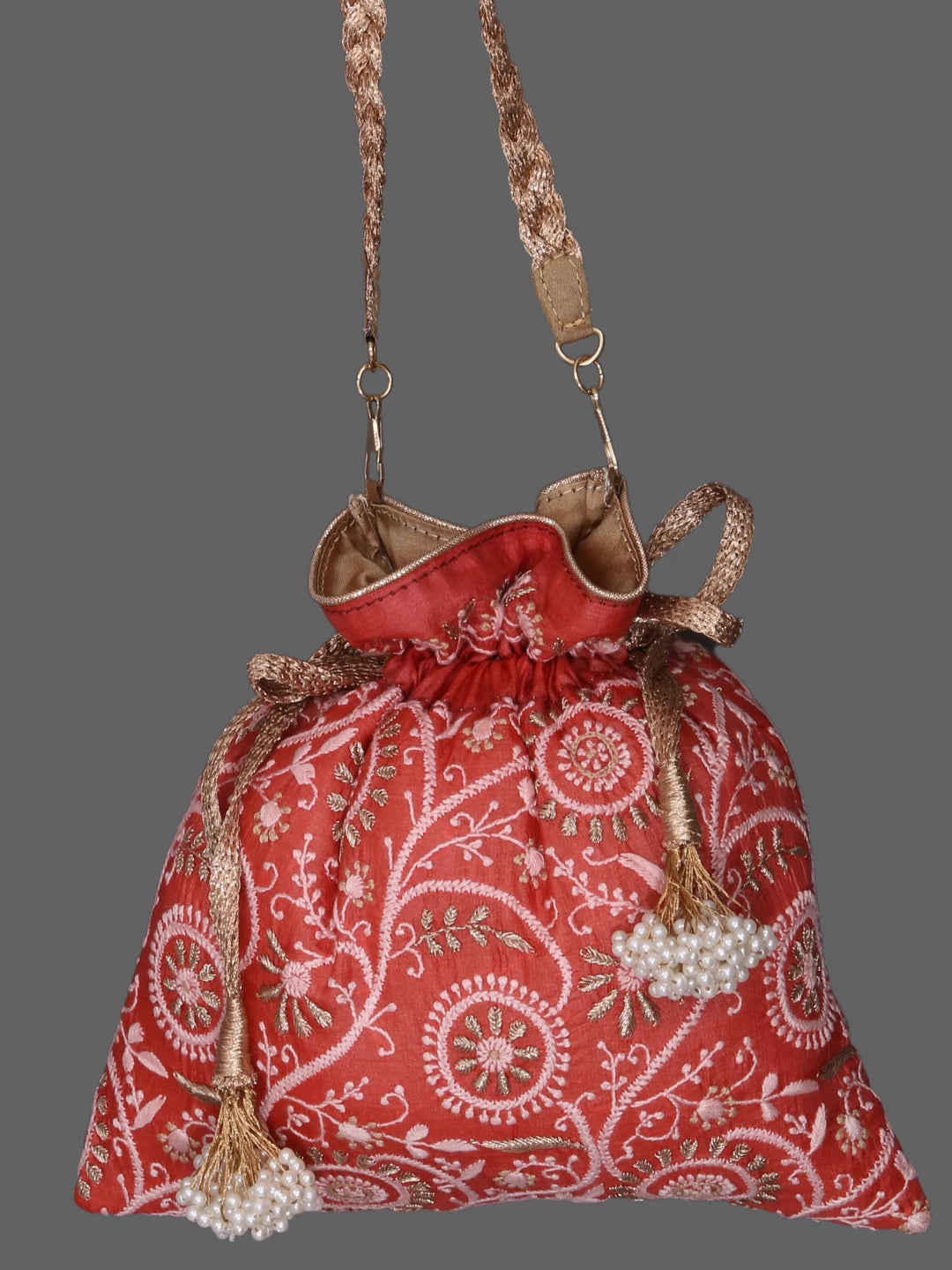 Ada Hand Embroidered Rust Silk Lucknowi Chikankari Potli With Zari Work 01A378199