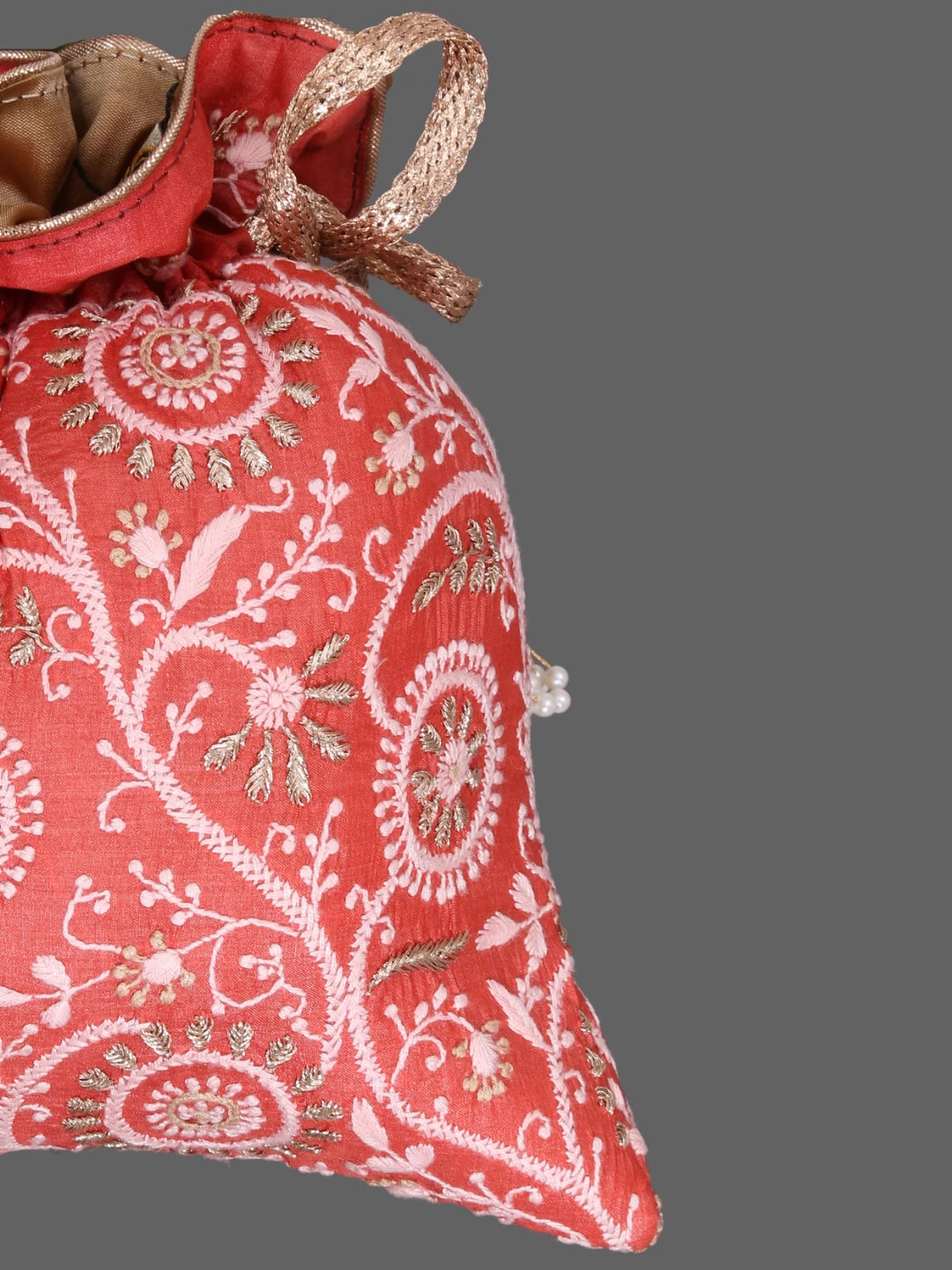 Ada Hand Embroidered Rust Silk Lucknowi Chikankari Potli With Zari Work 01A378199