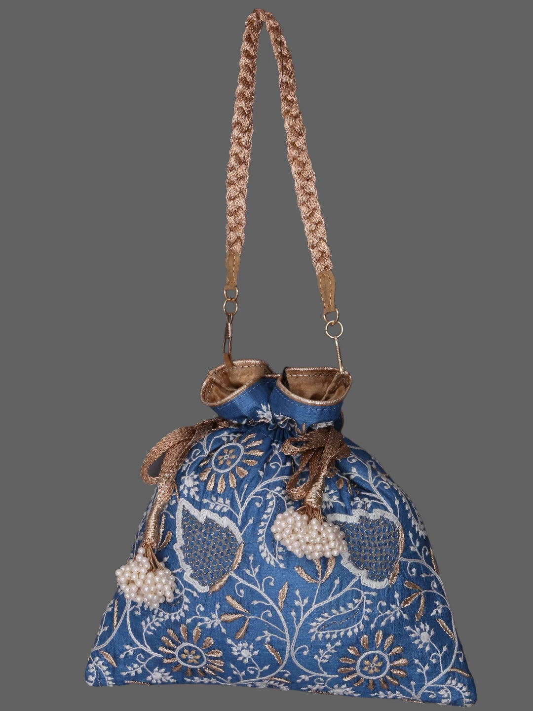 Ada Hand Embroidered Sapphire Blue Silk Lucknowi Chikankari Potli Bag With Zari Work 01A378192