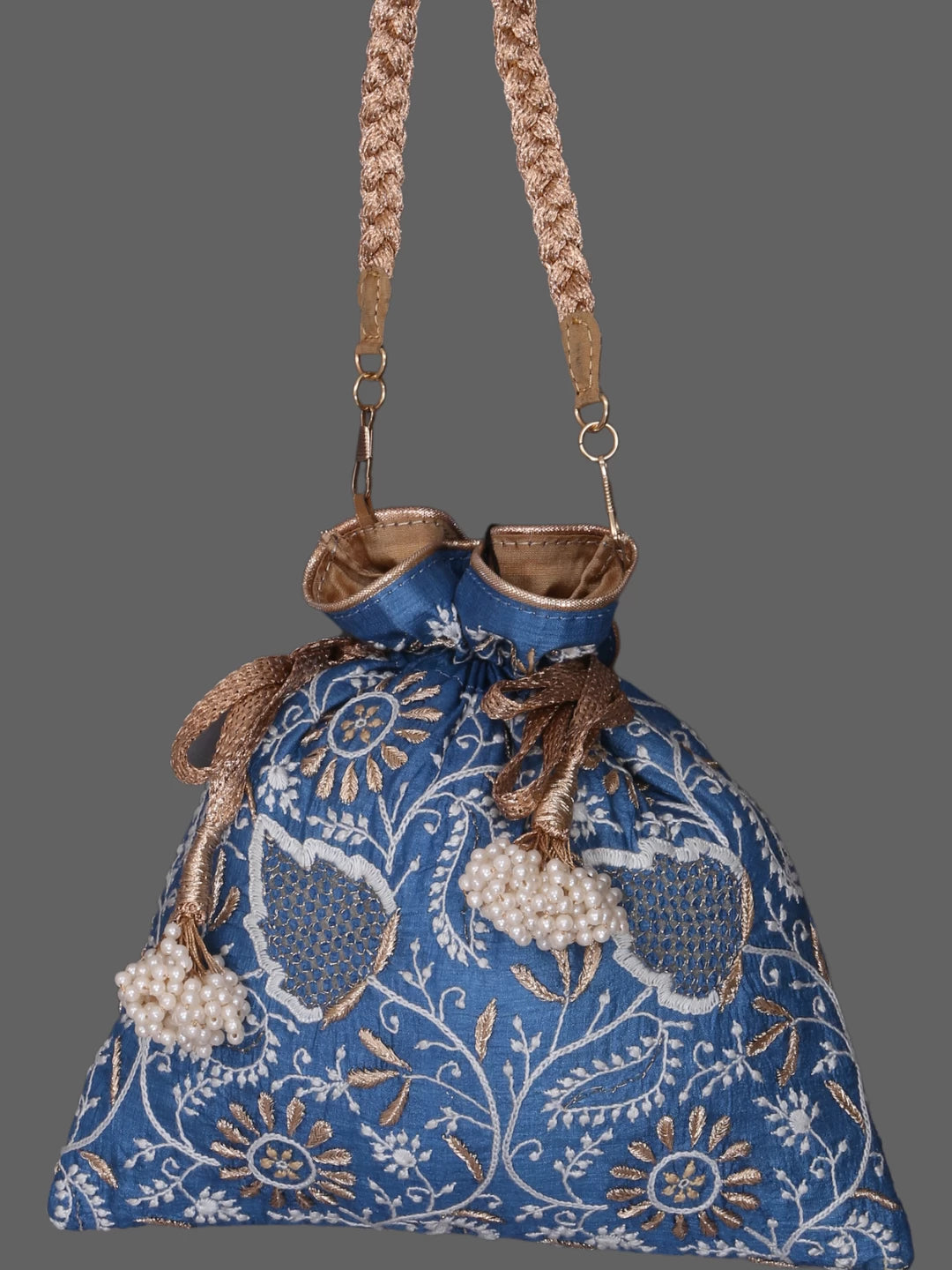 Ada Hand Embroidered Sapphire Blue Silk Lucknowi Chikankari Potli Bag With Zari Work 01A378192