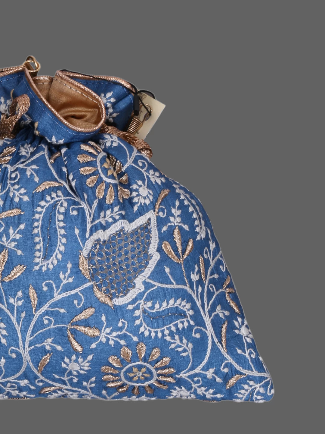 Ada Hand Embroidered Sapphire Blue Silk Lucknowi Chikankari Potli Bag With Zari Work 01A378192