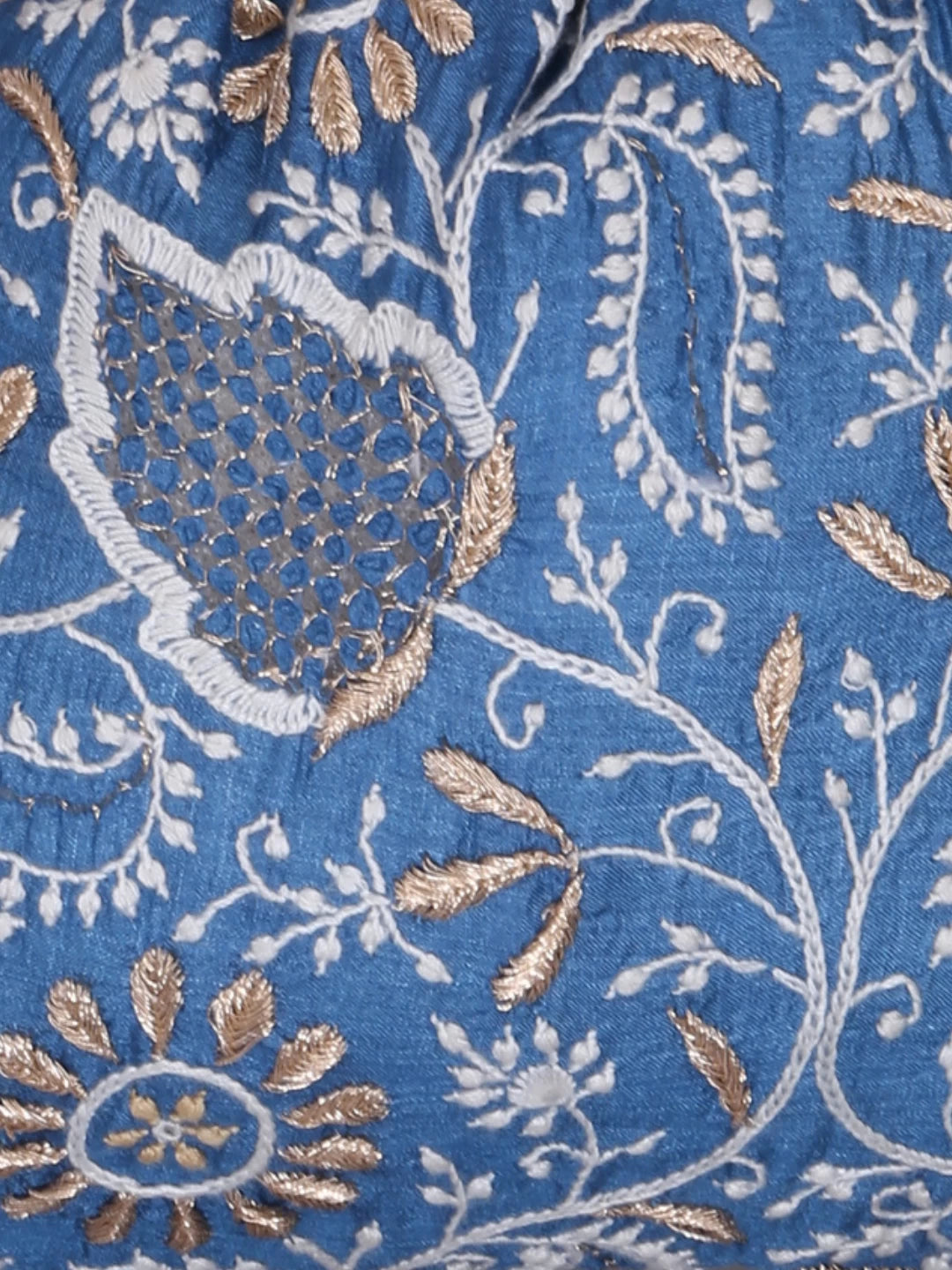 Ada Hand Embroidered Sapphire Blue Silk Lucknowi Chikankari Potli Bag With Zari Work 01A378192