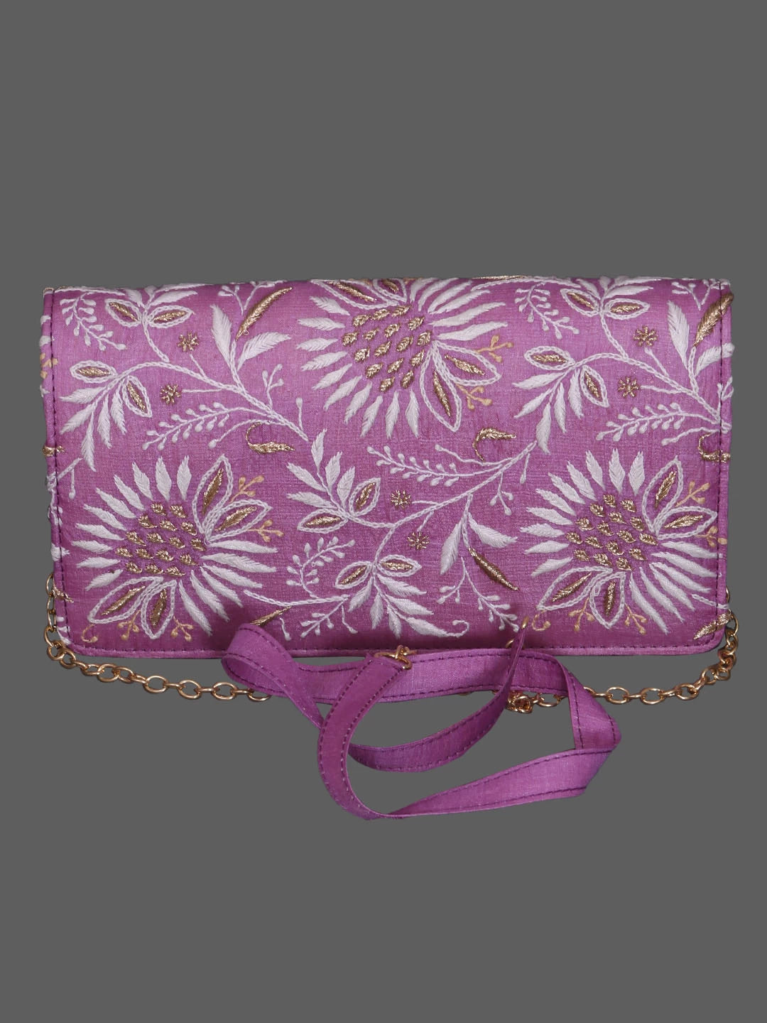 Ada Hand Embroidered Mauve Silk Lucknowi Chikankari Clutch Handbag With Zari Work 01A377945