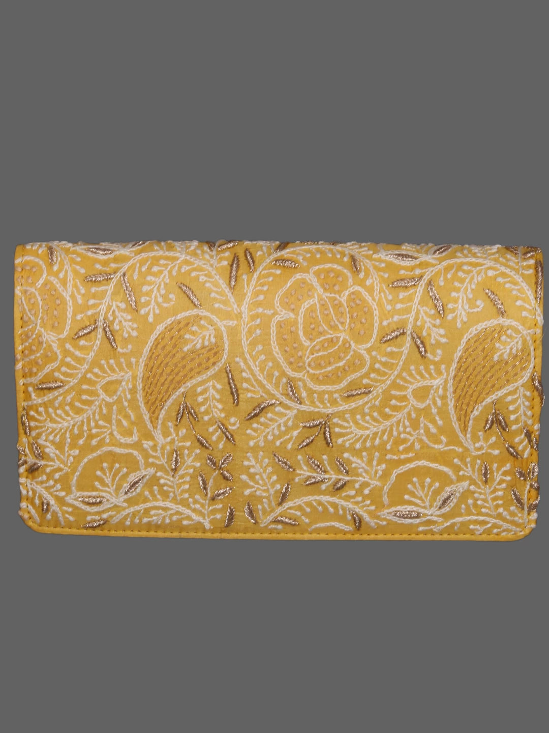 Ada Hand Embroidered Yellow Silk Lucknowi Chikankari Clutch Handbag With Zari Work 01A377940