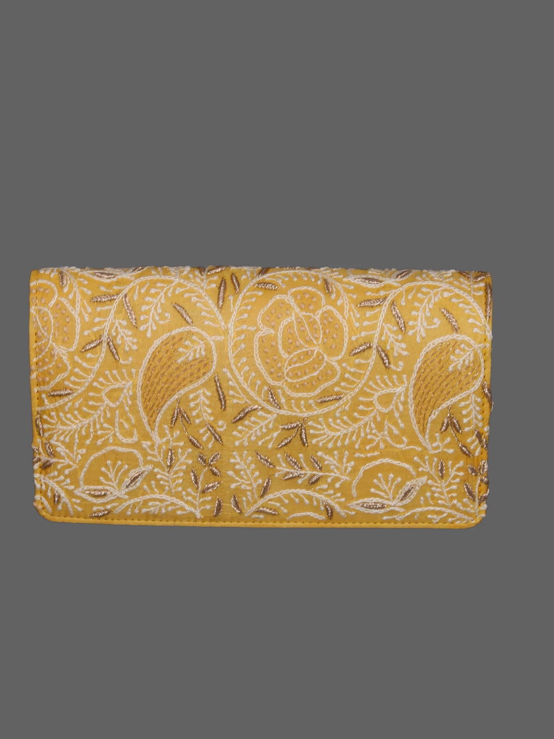 Ada Hand Embroidered Yellow Silk Lucknowi Chikankari Clutch Handbag With Zari Work 01A377940