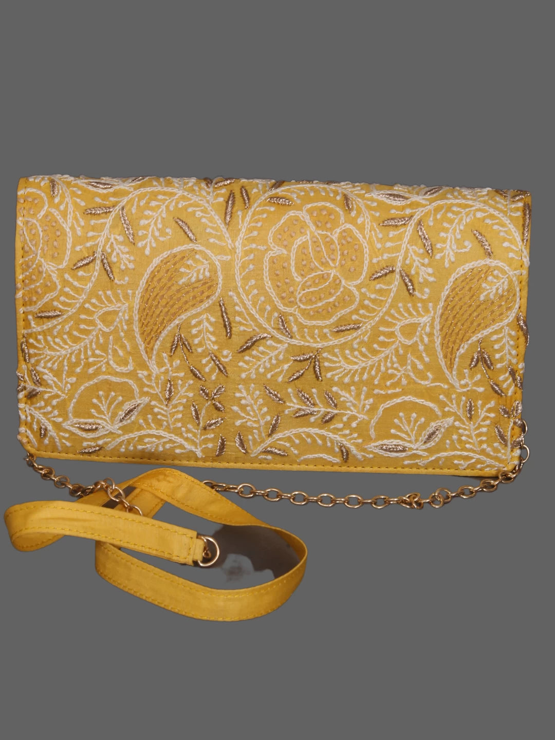 Ada Hand Embroidered Yellow Silk Lucknowi Chikankari Clutch Handbag With Zari Work 01A377940
