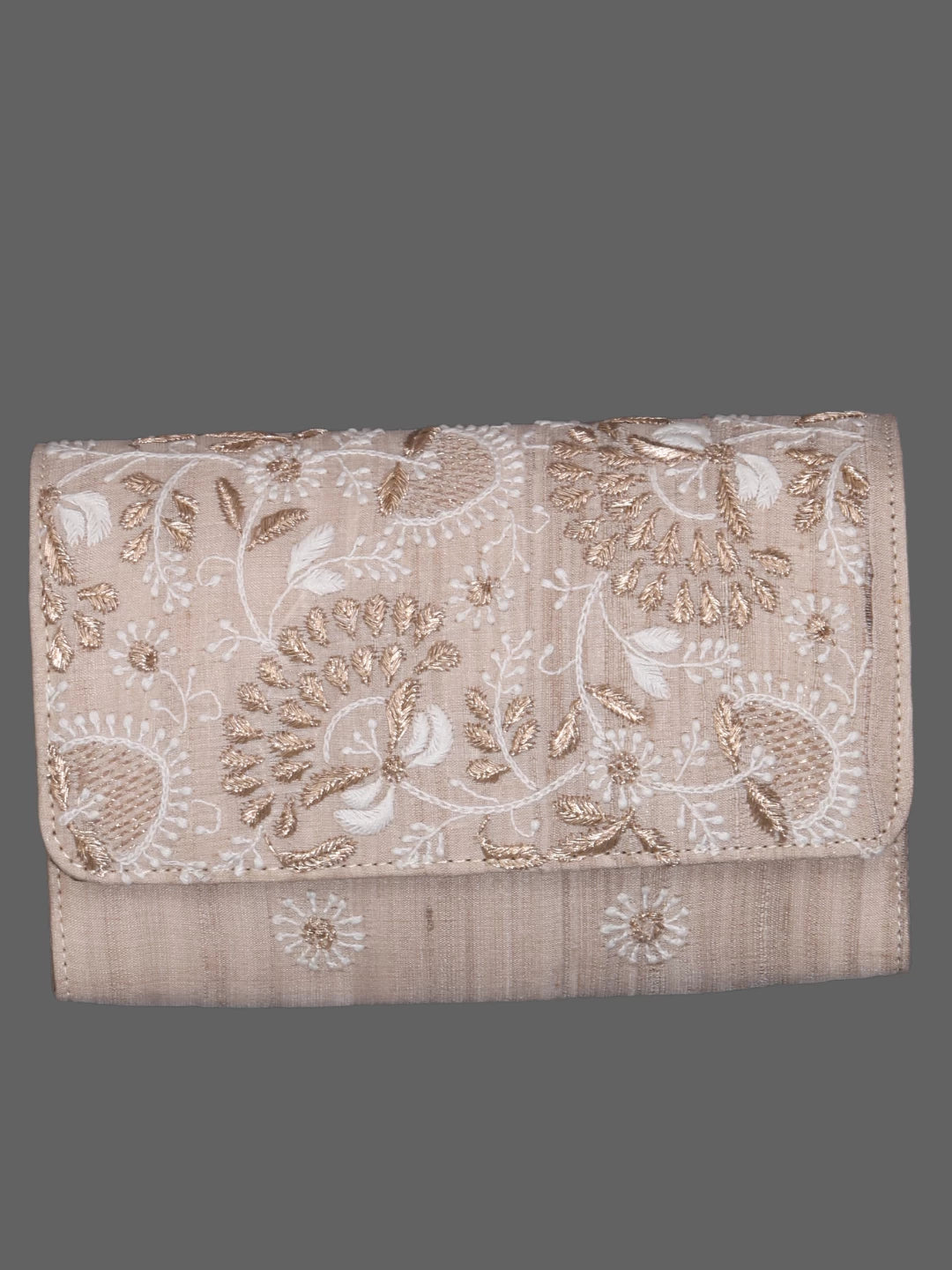 Ada Hand Embroidered Fawn Silk Lucknowi Chikankari Clutch Handbag With Zari Work 01A377914