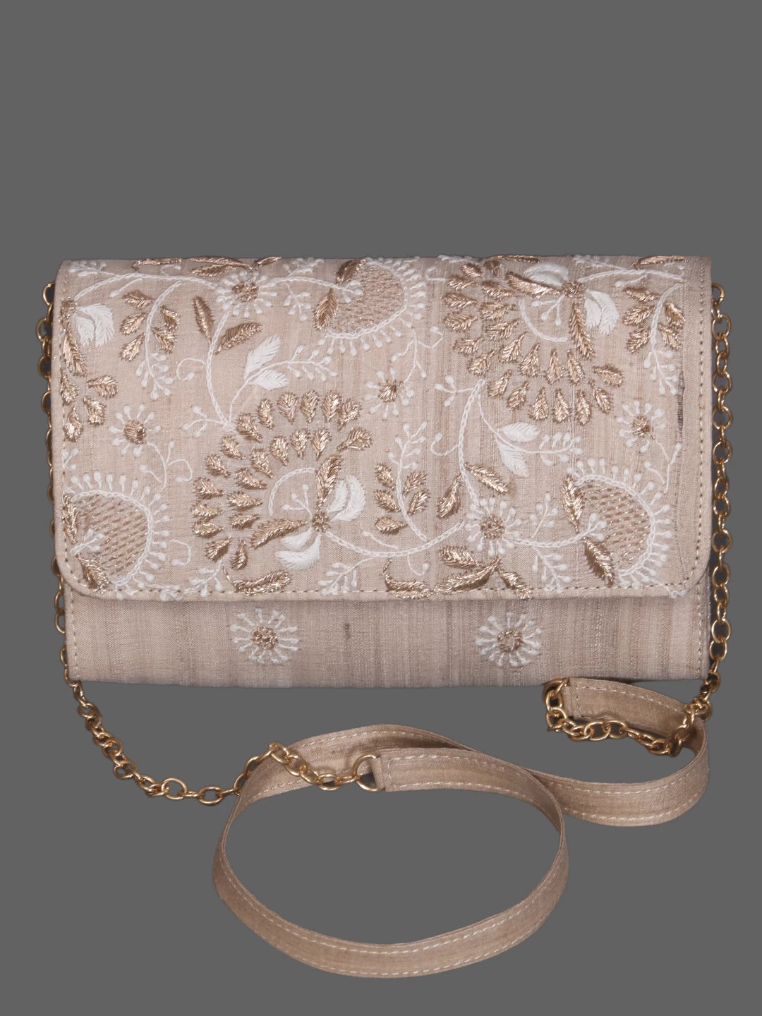 Ada Hand Embroidered Fawn Silk Lucknowi Chikankari Clutch Handbag With Zari Work 01A377914