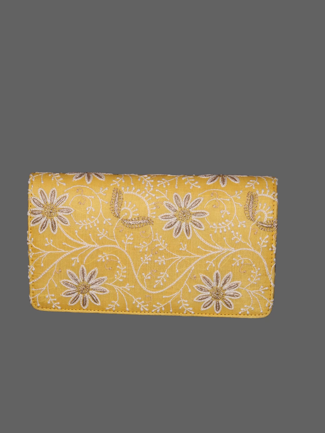 Ada Hand Embroidered Yellow Silk Lucknowi Chikankari Clutch With Zari Work 01A377941