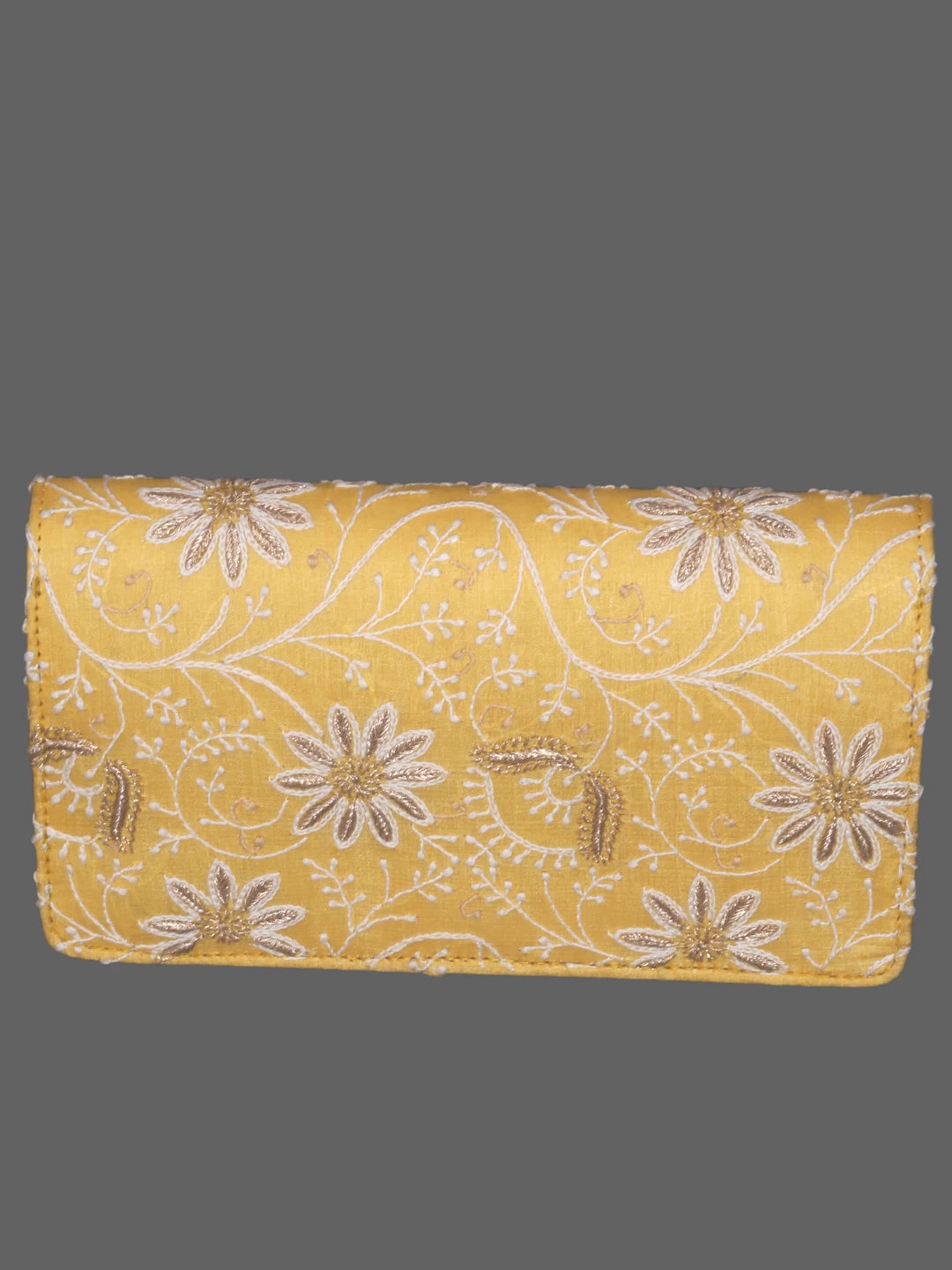 Ada Hand Embroidered Yellow Silk Lucknowi Chikankari Clutch With Zari Work 01A377941