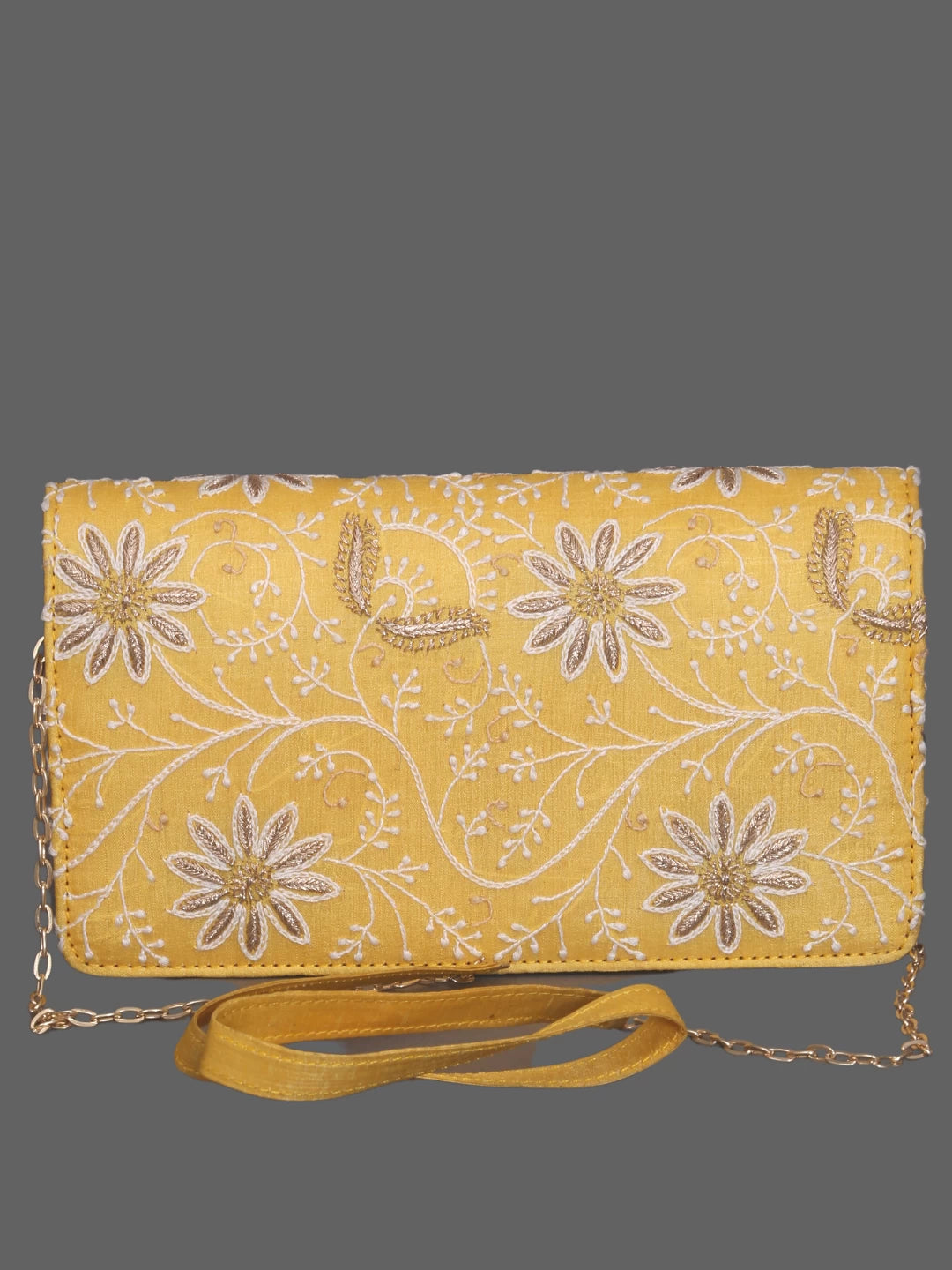 Ada Hand Embroidered Yellow Silk Lucknowi Chikankari Clutch With Zari Work 01A377941