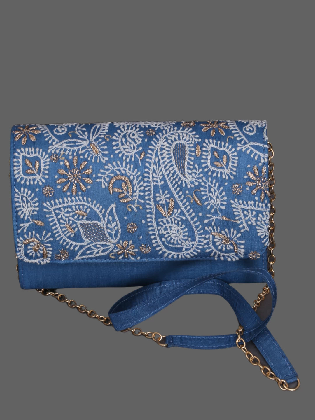Ada Hand Embroidered Sapphire Blue Silk Lucknowi Chikankari Clutch With Zari Work 01A377925