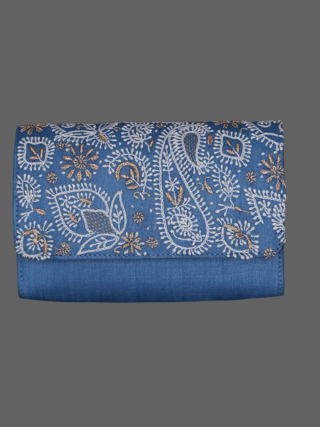 Ada Hand Embroidered Sapphire Blue Silk Lucknowi Chikankari Clutch With Zari Work 01A377925