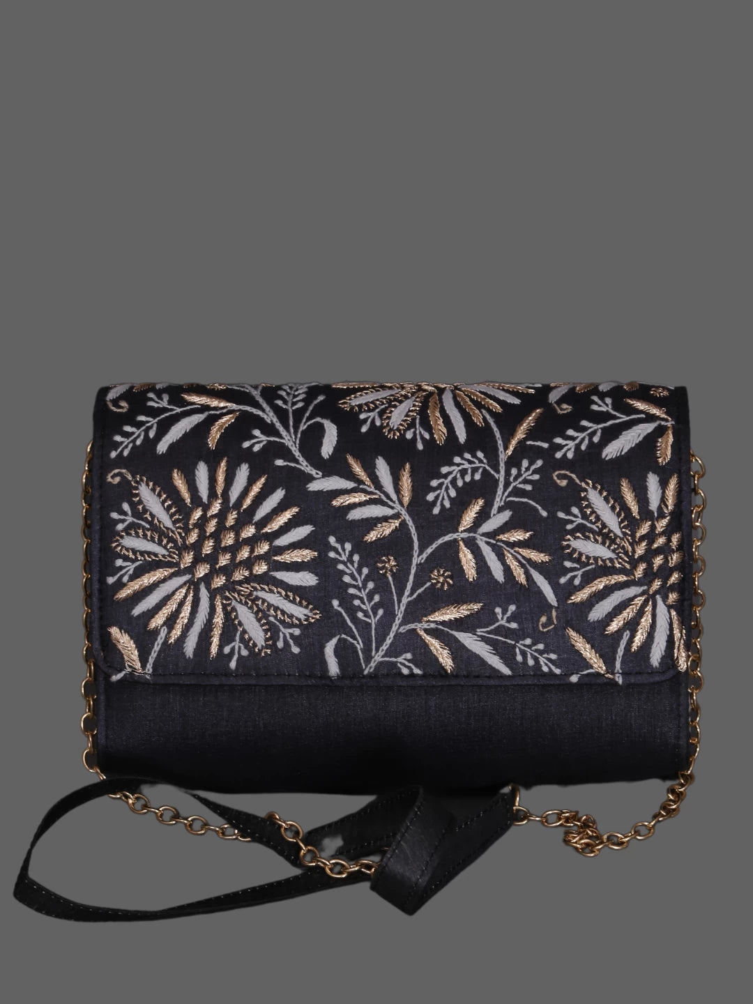 Ada Hand Embroidered Zed Black Silk Lucknowi Chikankari Clutch With Zari Work 01A377923