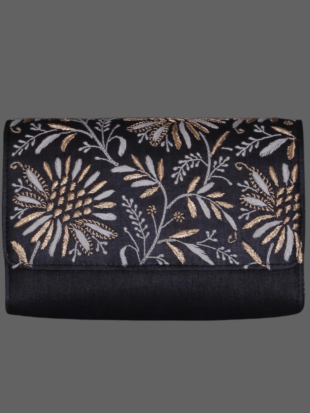 Ada Hand Embroidered Zed Black Silk Lucknowi Chikankari Clutch With Zari Work 01A377923