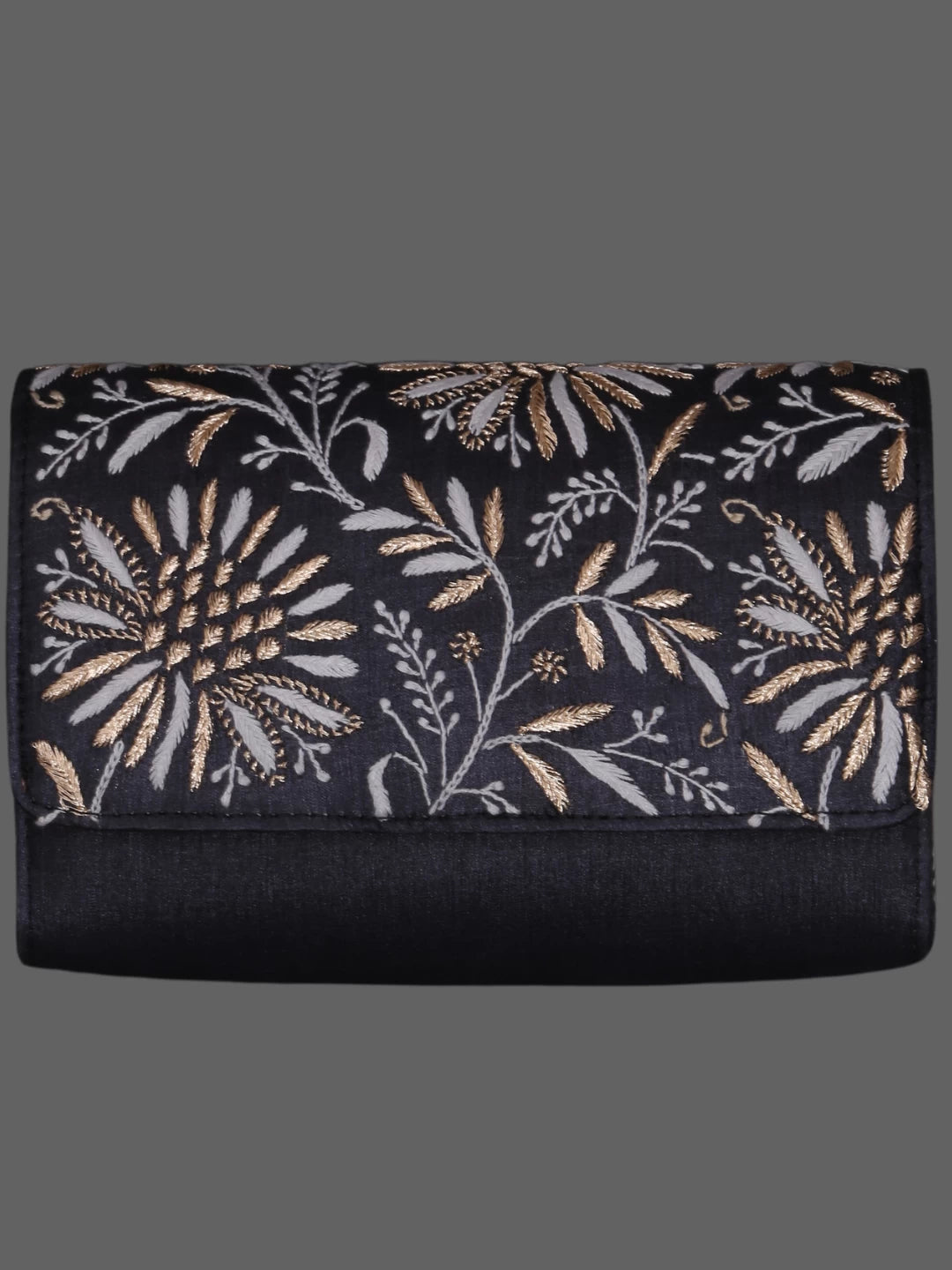 Ada Hand Embroidered Zed Black Silk Lucknowi Chikankari Clutch With Zari Work 01A377923
