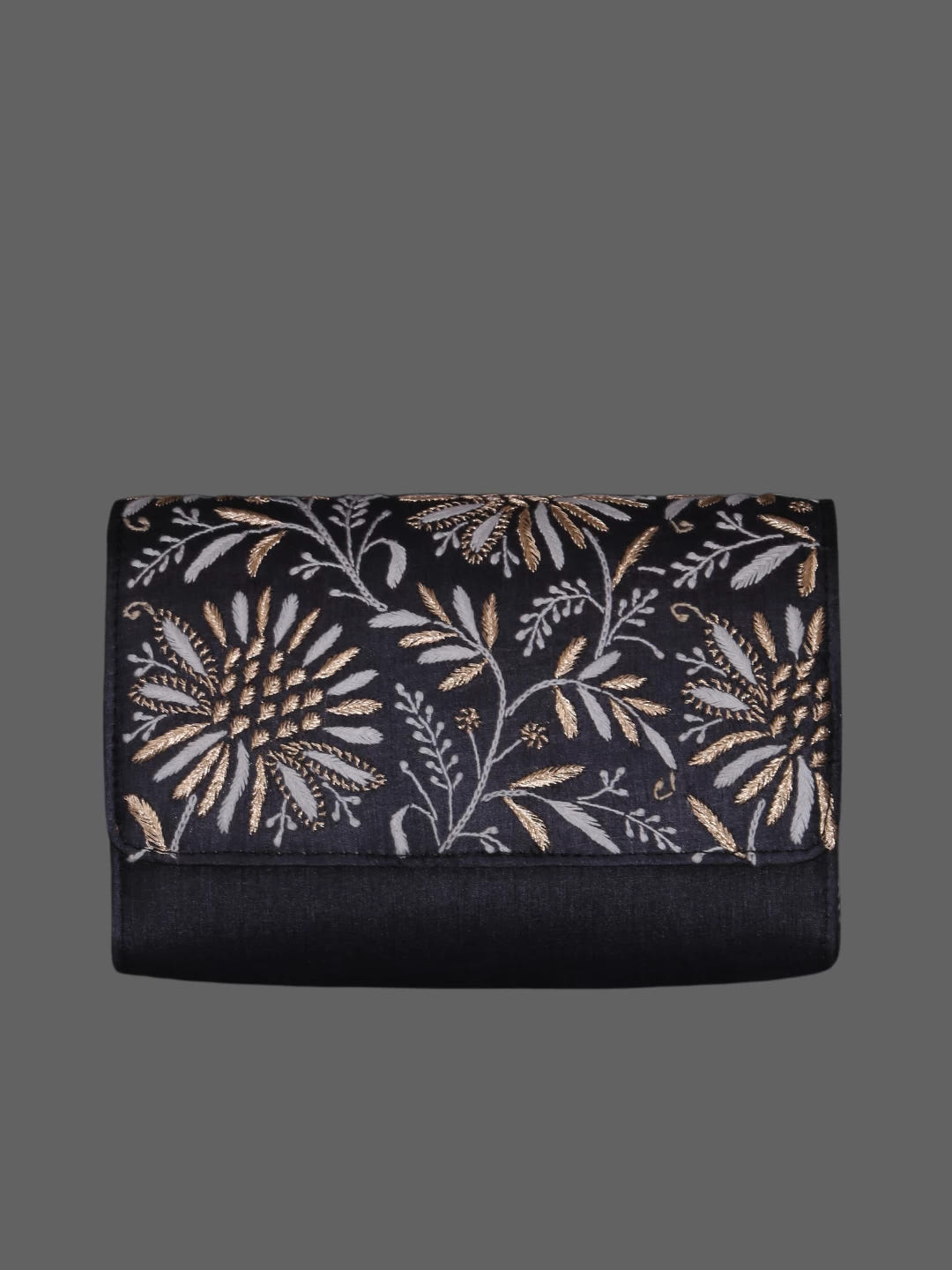 Ada Hand Embroidered Zed Black Silk Lucknowi Chikankari Clutch With Zari Work 01A377923