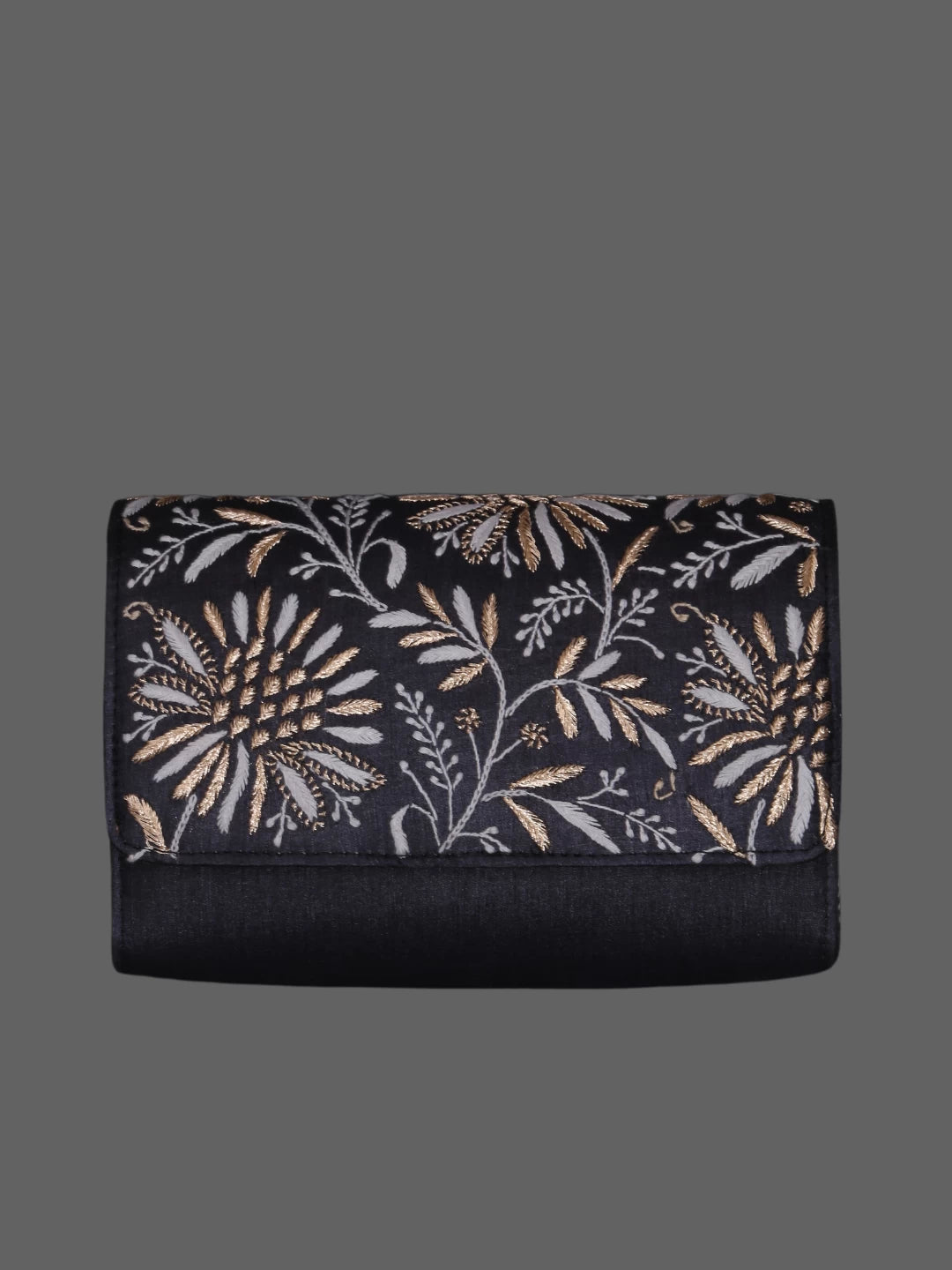 Ada Hand Embroidered Zed Black Silk Lucknowi Chikankari Clutch With Zari Work 01A377923