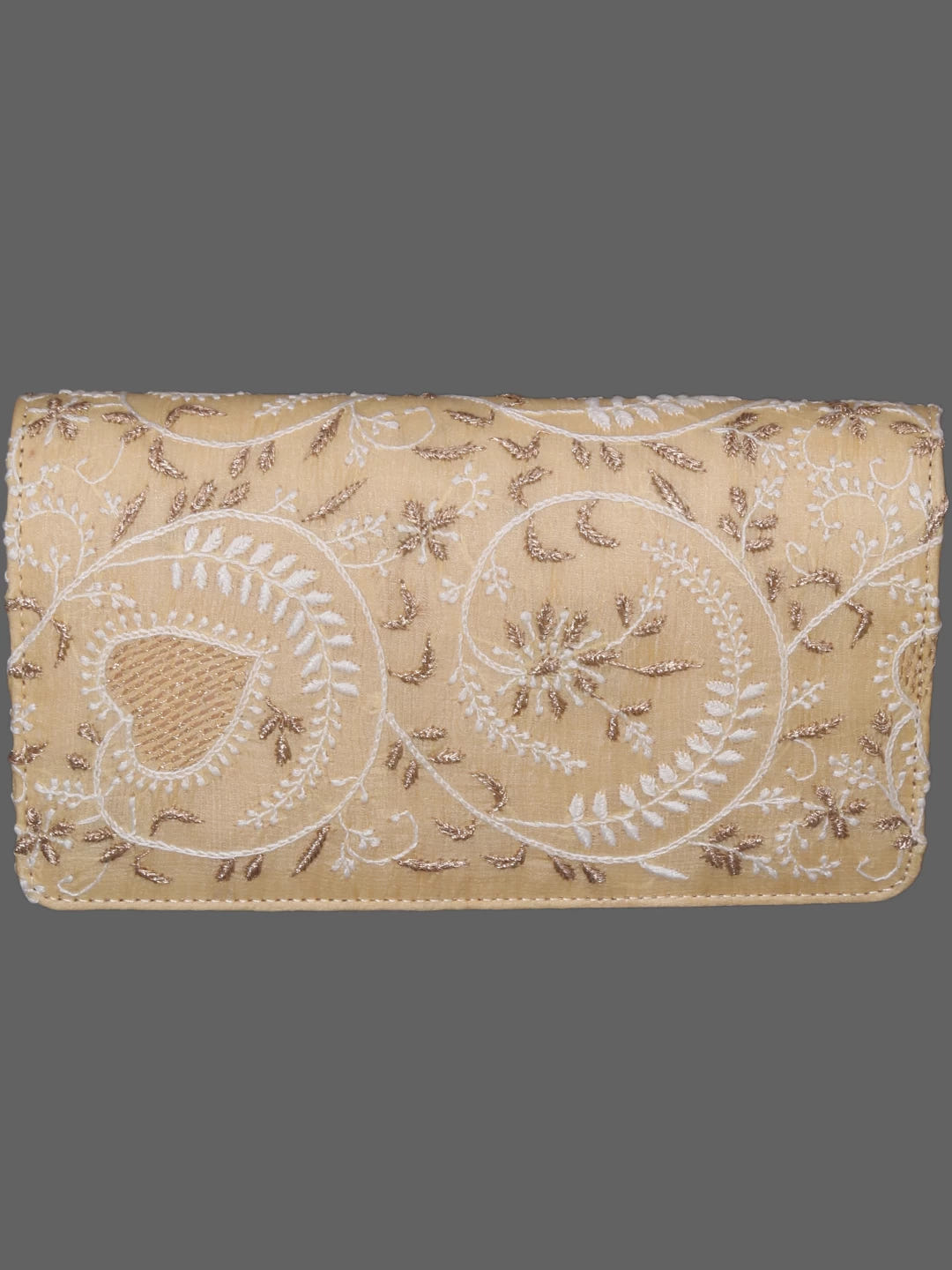 Ada Hand Embroidered Light Fawn Silk Lucknowi Chikankari Clutch With Zari Work 01A377937