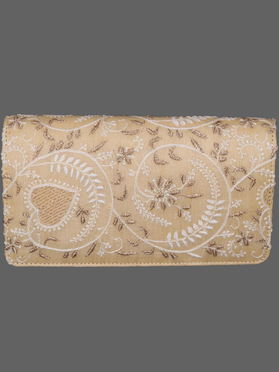Ada Hand Embroidered Light Fawn Silk Lucknowi Chikankari Clutch With Zari Work 01A377937