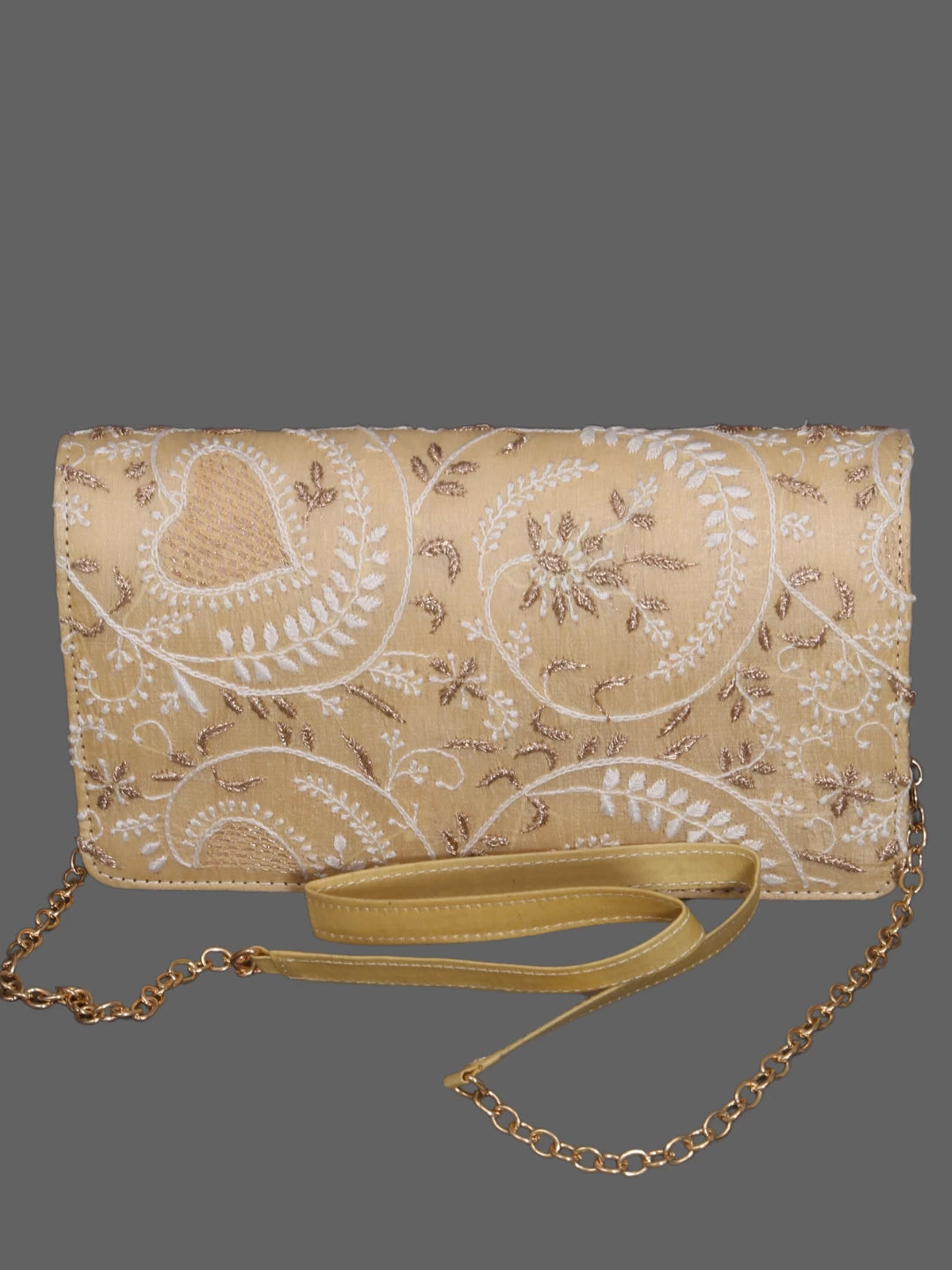 Ada Hand Embroidered Light Fawn Silk Lucknowi Chikankari Clutch With Zari Work 01A377937