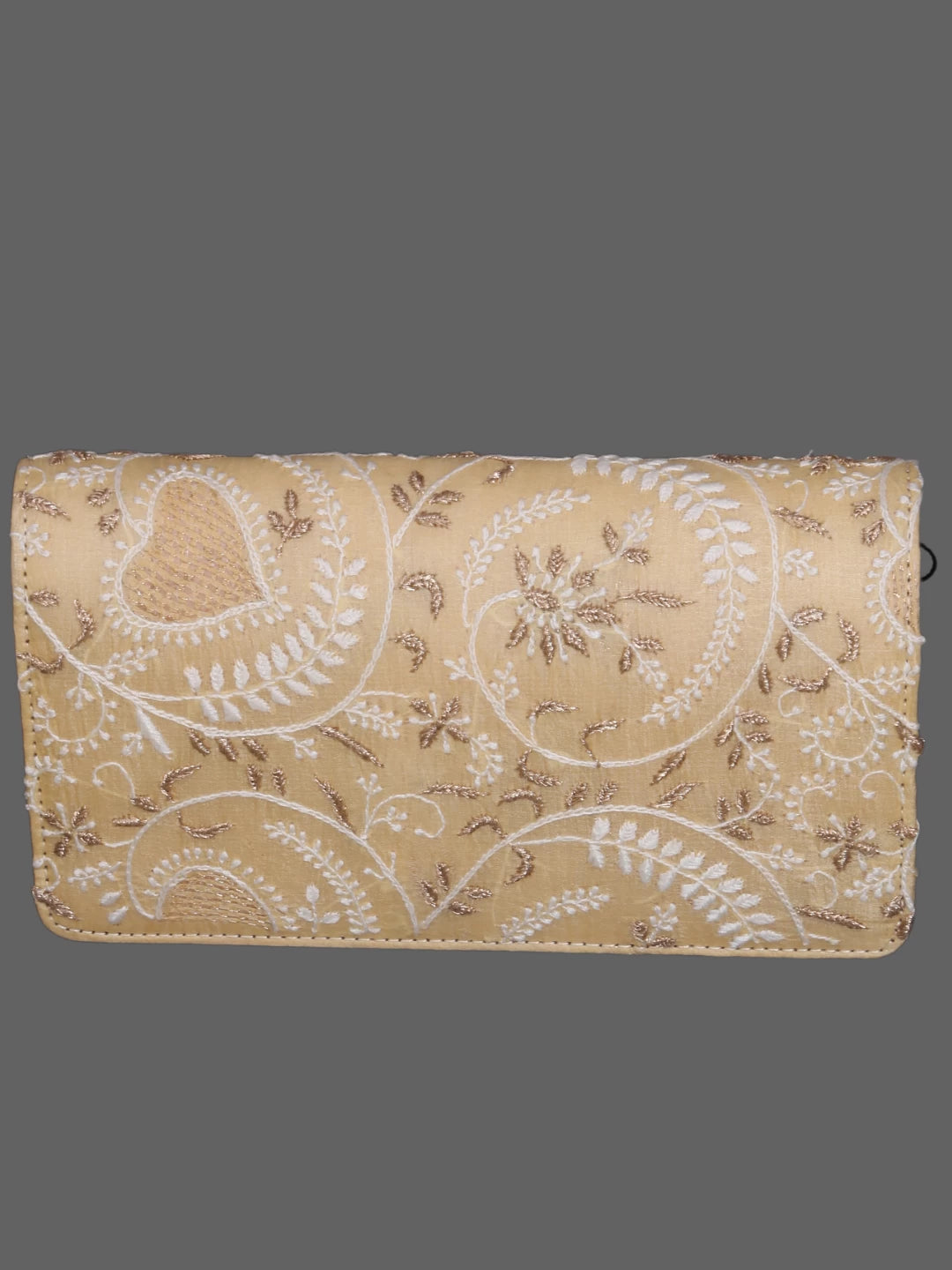 Ada Hand Embroidered Light Fawn Silk Lucknowi Chikankari Clutch With Zari Work 01A377937