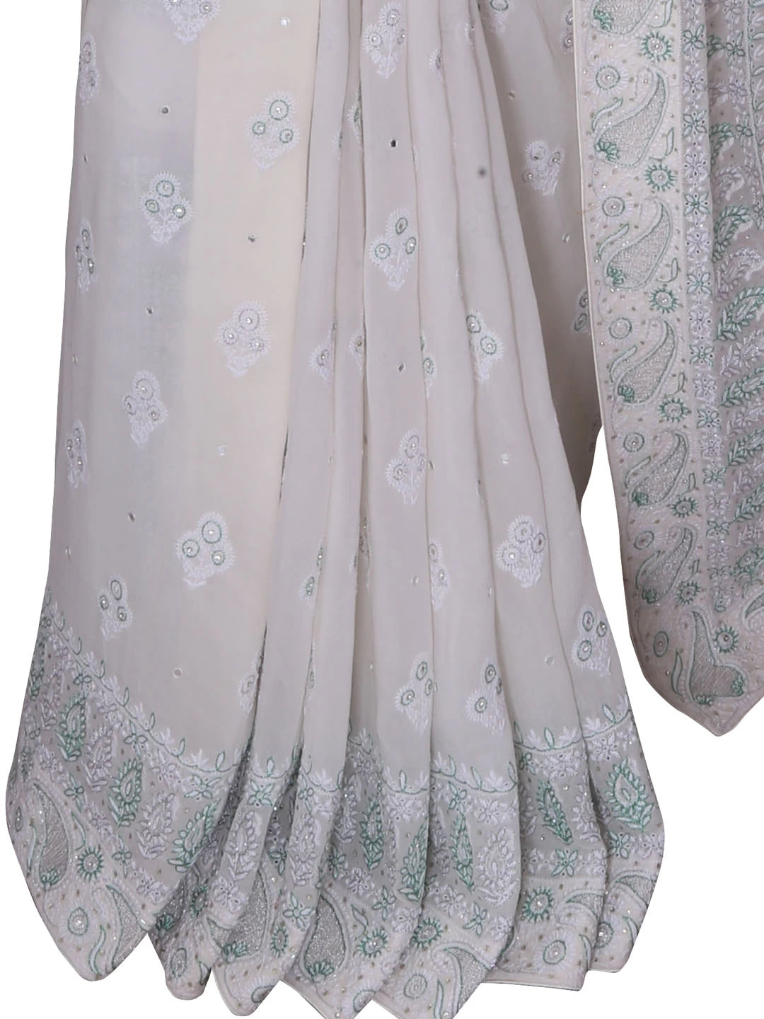 Ada Hand Embroidered White Pure Georgette Lucknowi Chikankari Saree/Blouse with Zari Work A51679