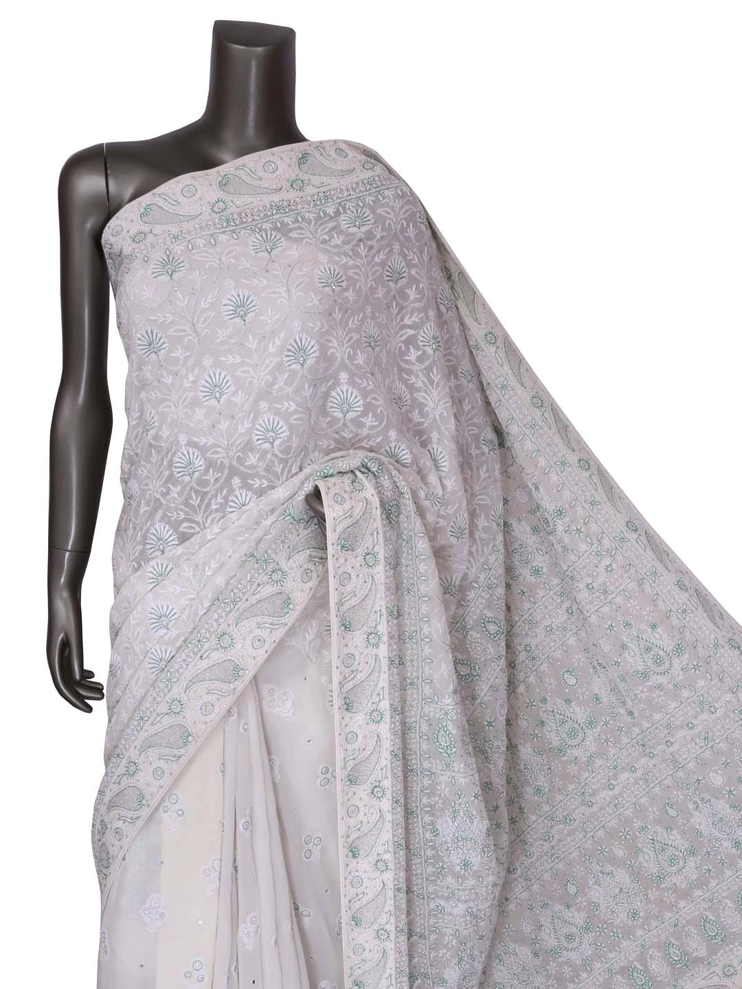 Ada Hand Embroidered White Pure Georgette Lucknowi Chikankari Saree/Blouse with Zari Work A51679