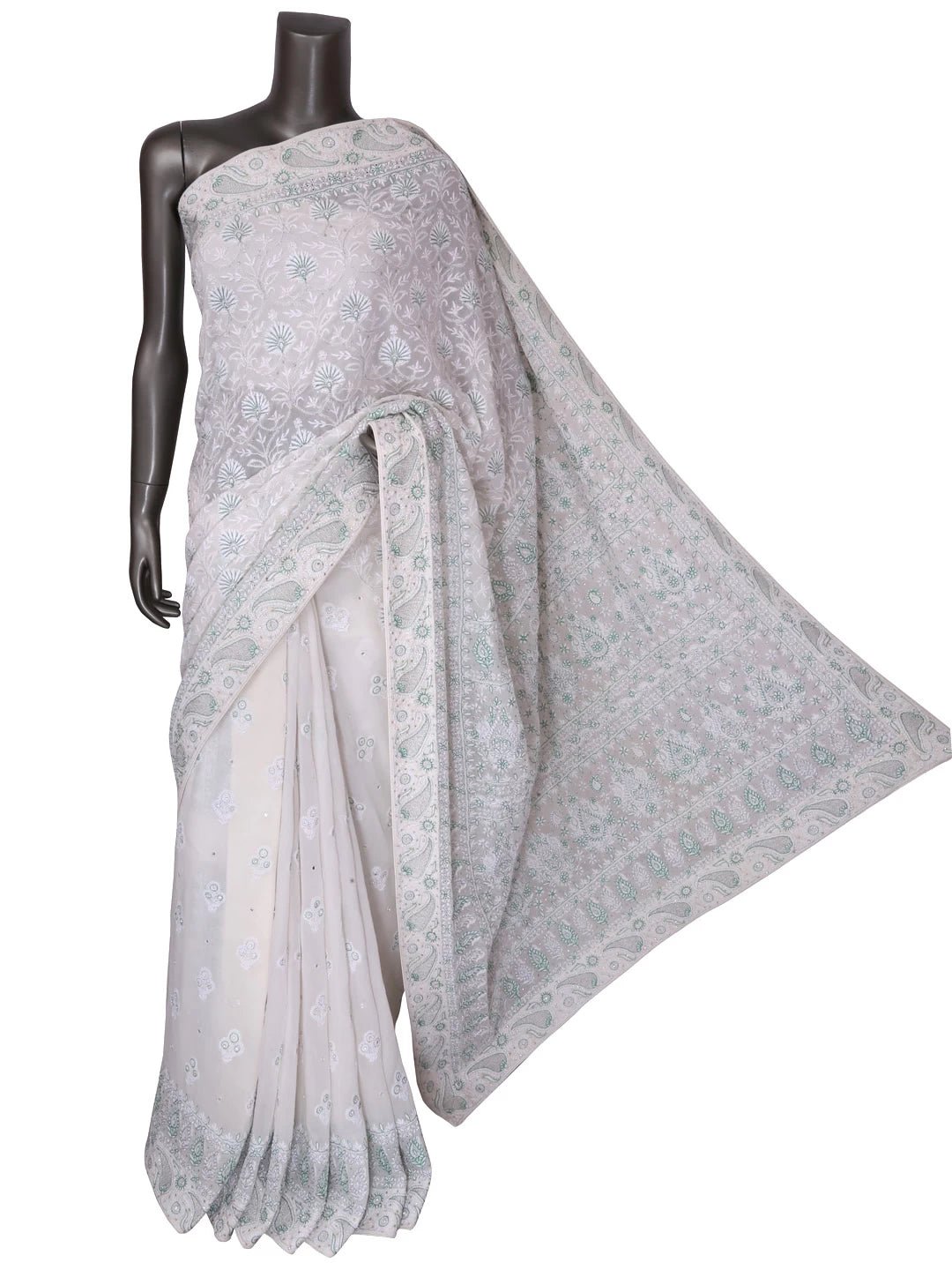Ada Hand Embroidered White Pure Georgette Lucknowi Chikankari Saree/Blouse with Zari Work A51679