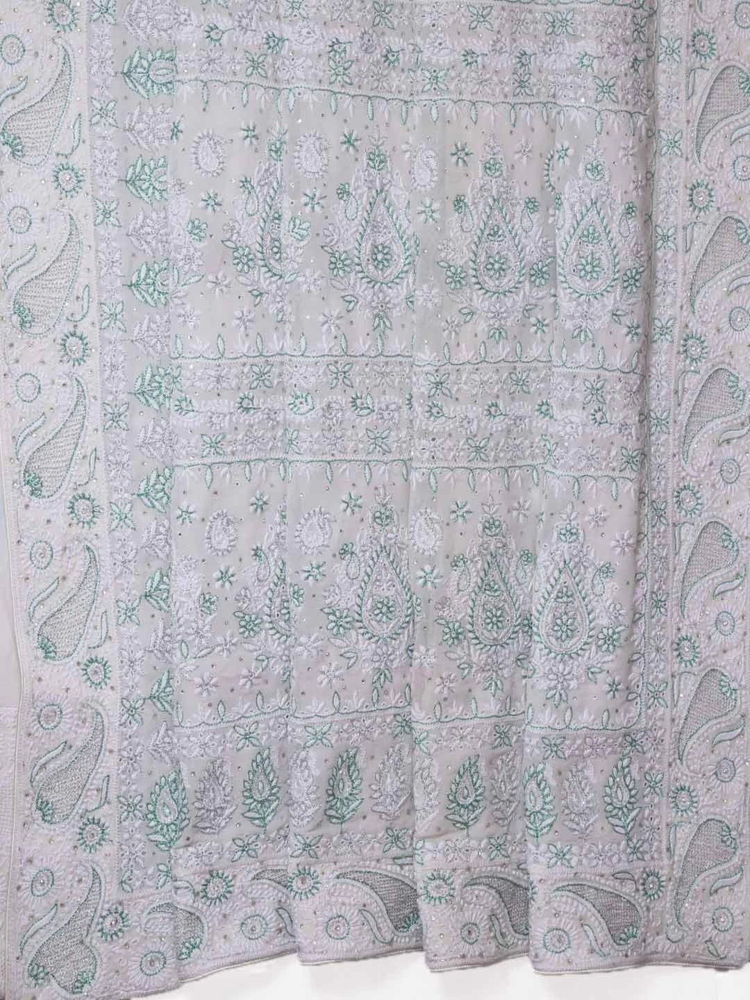 Ada Hand Embroidered White Pure Georgette Lucknowi Chikankari Saree/Blouse with Zari Work A51679