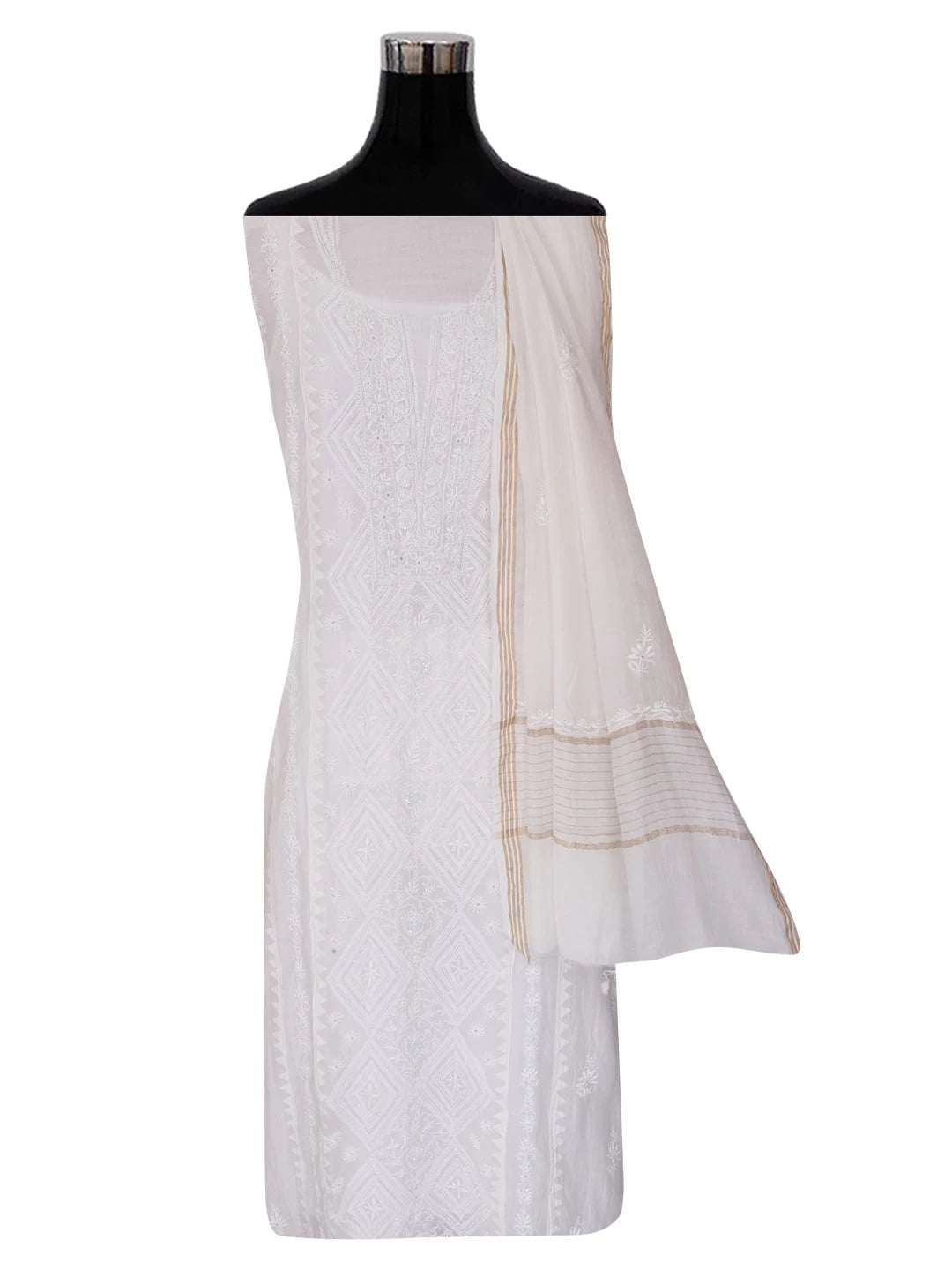 Ada Hand Embroidered White Chanderi Lucknowi Chikankari Semi-Stitched Kurta Dupatta Set With Pearl Work 01A377802