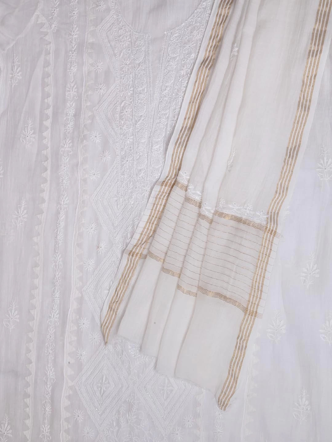 Ada Hand Embroidered White Chanderi Lucknowi Chikankari Semi-Stitched Kurta Dupatta Set With Pearl Work 01A377802
